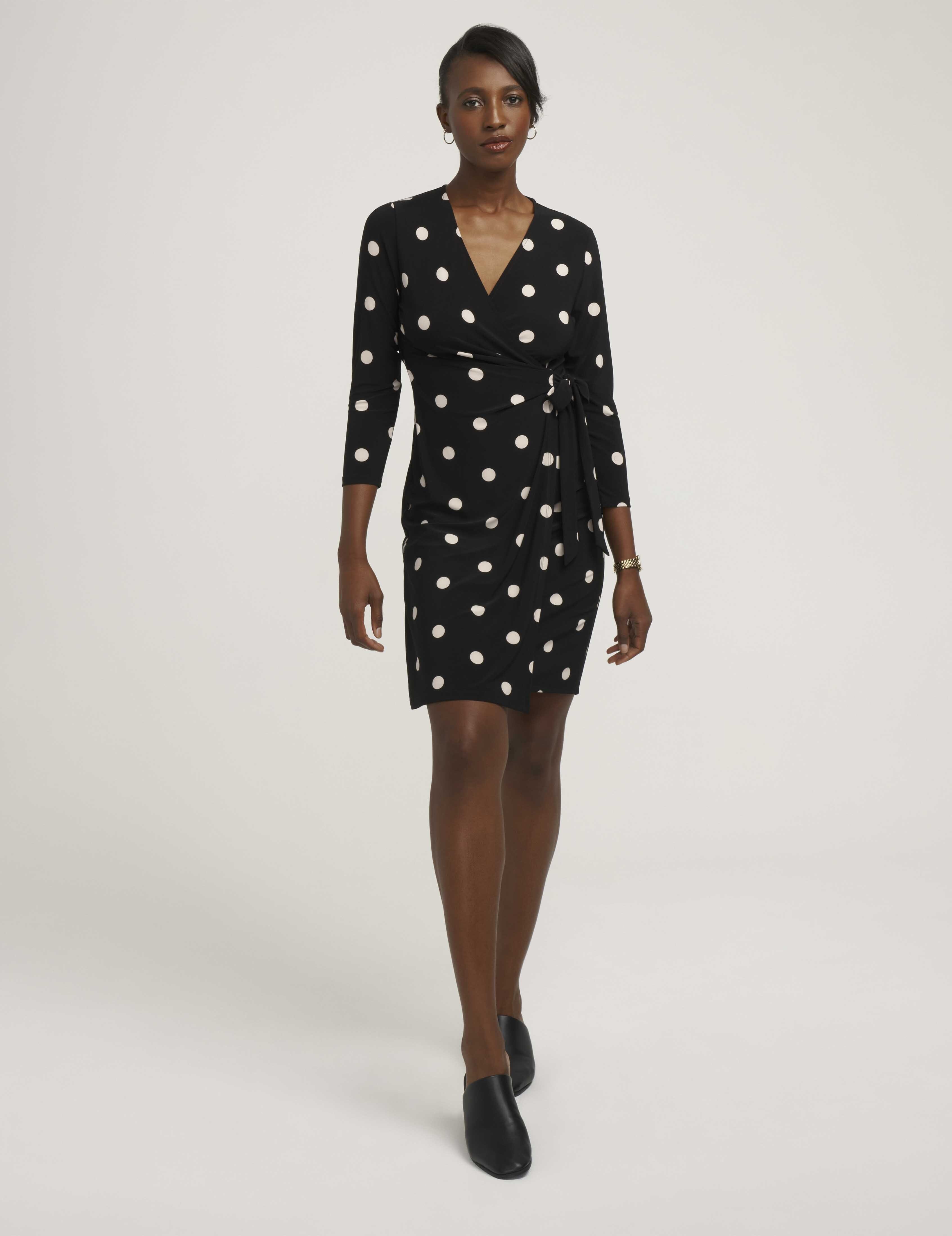 Petite Dot Print Faux Wrap Dress - Anne Klein Anne Black/Anne White