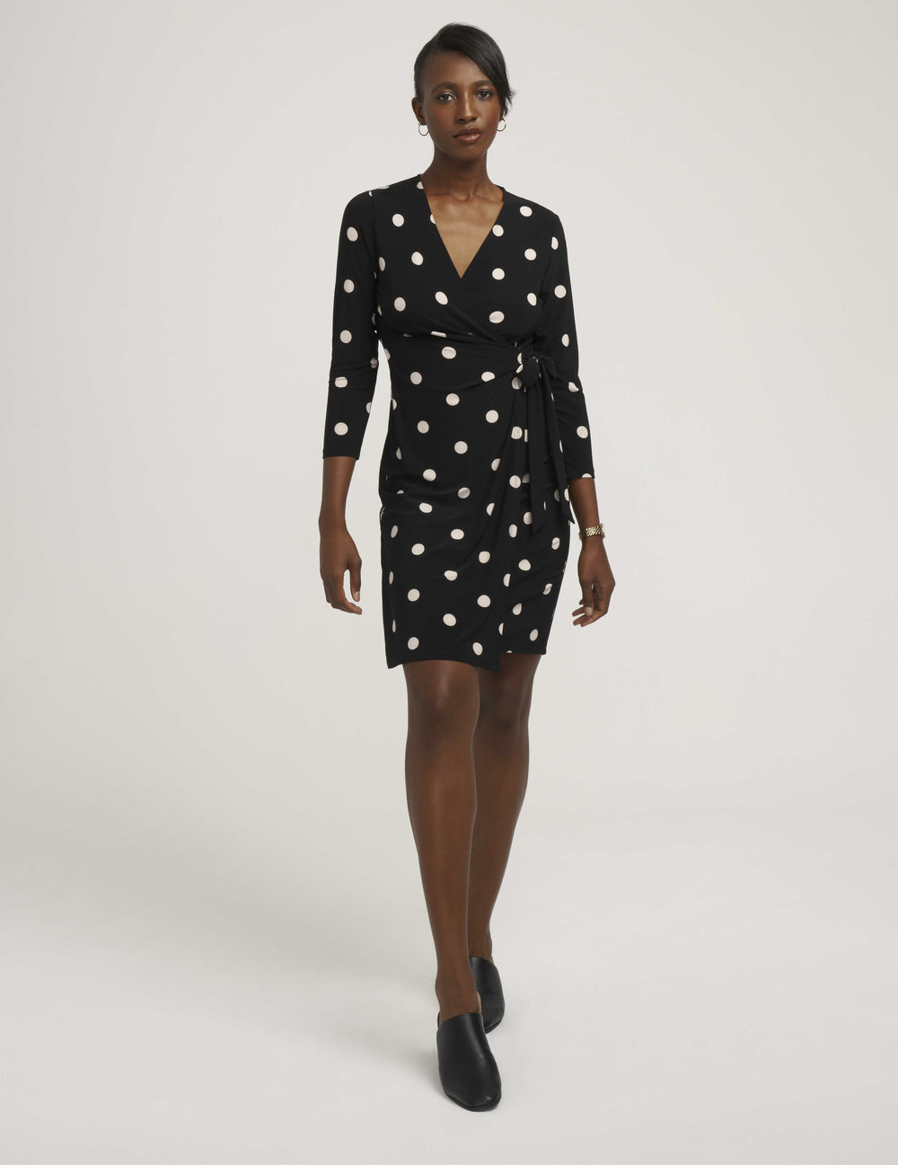 Petite Dot Print Faux Wrap Dress - Anne Klein Anne Black/Anne White