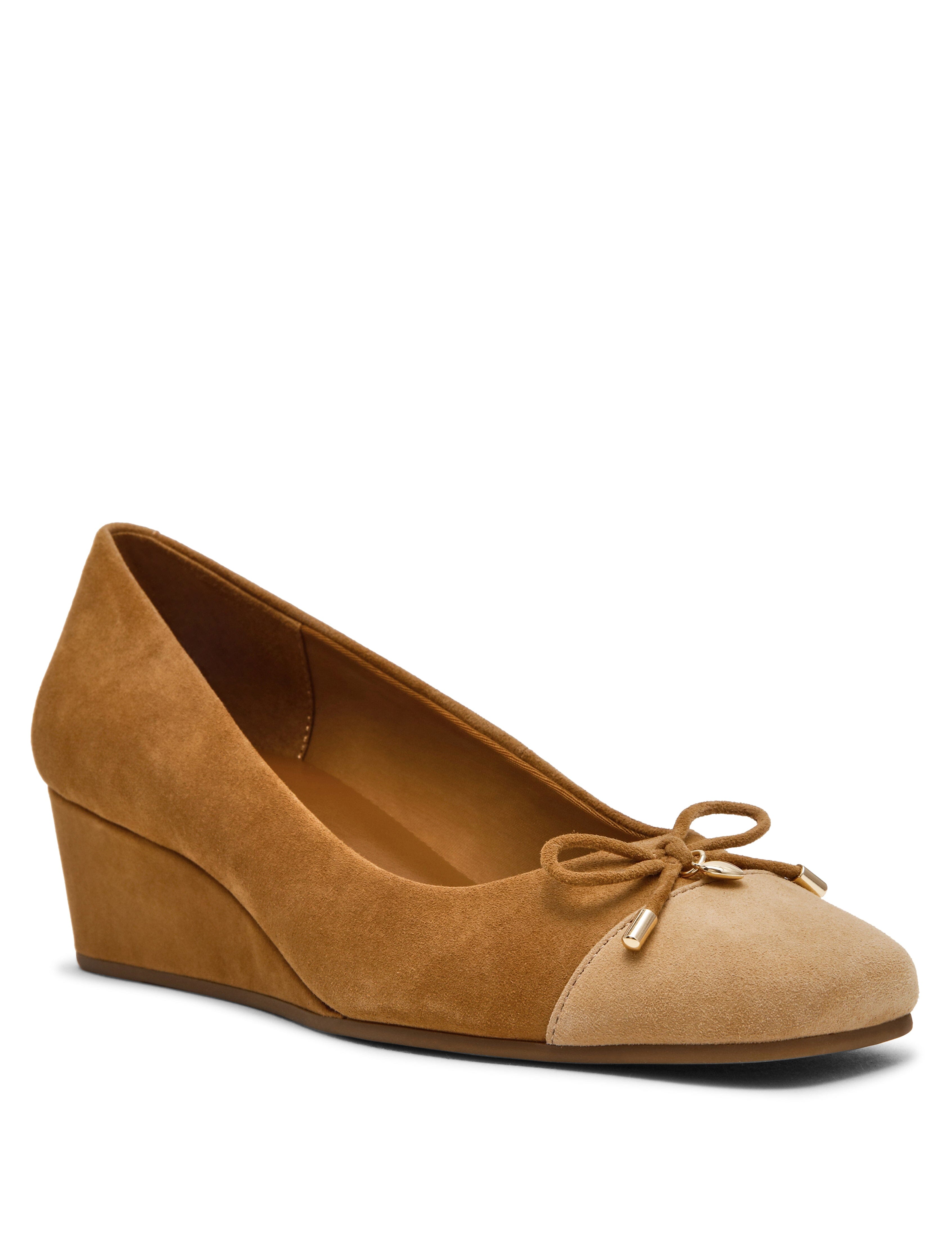 Leather Wedge Waiter Shoe in Tan Suede - Anne Klein Tan Suede