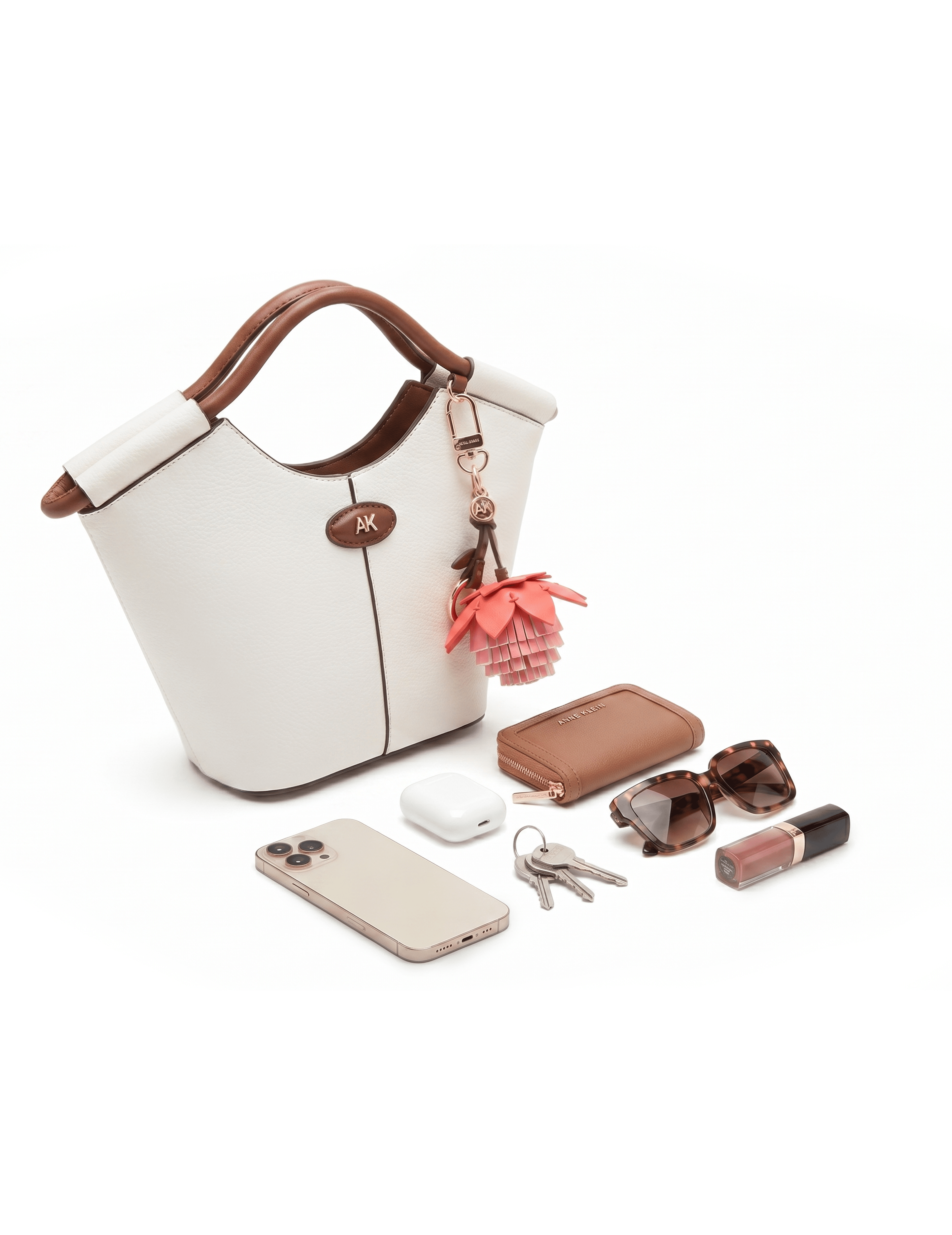 Small Tote Bag with Bag Charm in Vanilla Latte / Hazelnut - Anne Klein Vanilla Latte/Hazelnut