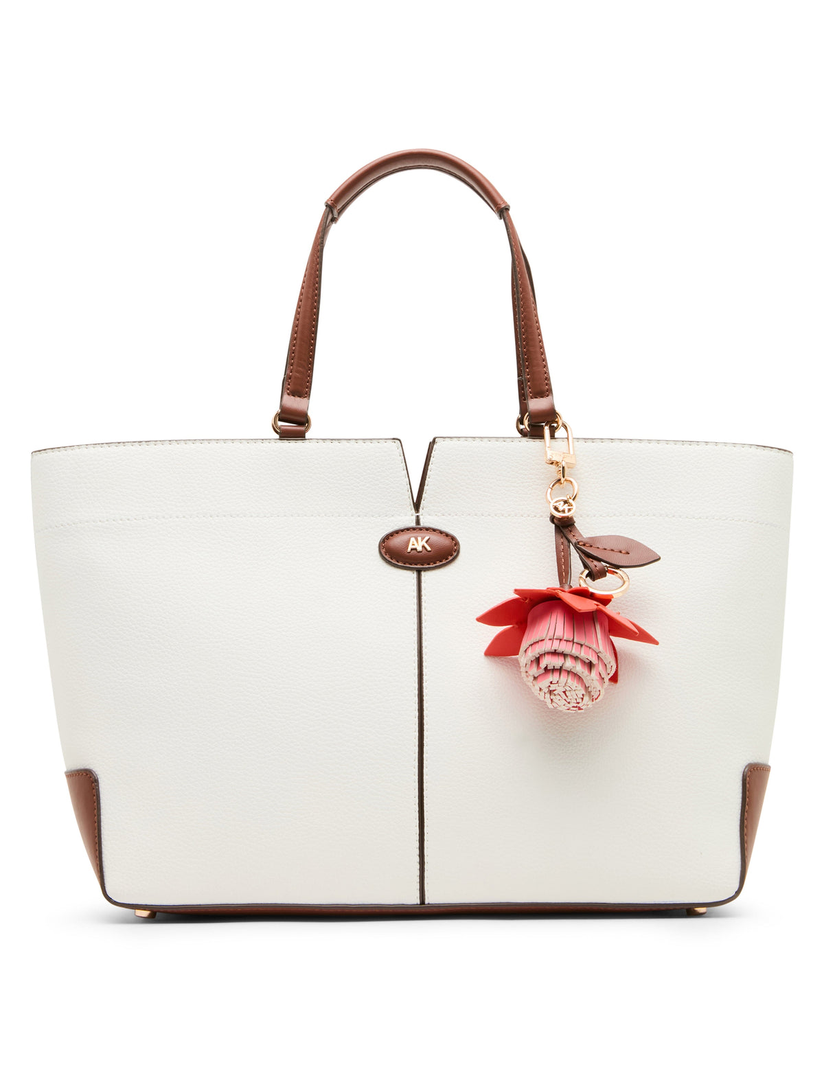 Large East West Tote Bag with Floral Bag Charm in Vanilla Latte / Haze - Anne Klein Vanilla Latte/Hazelnut