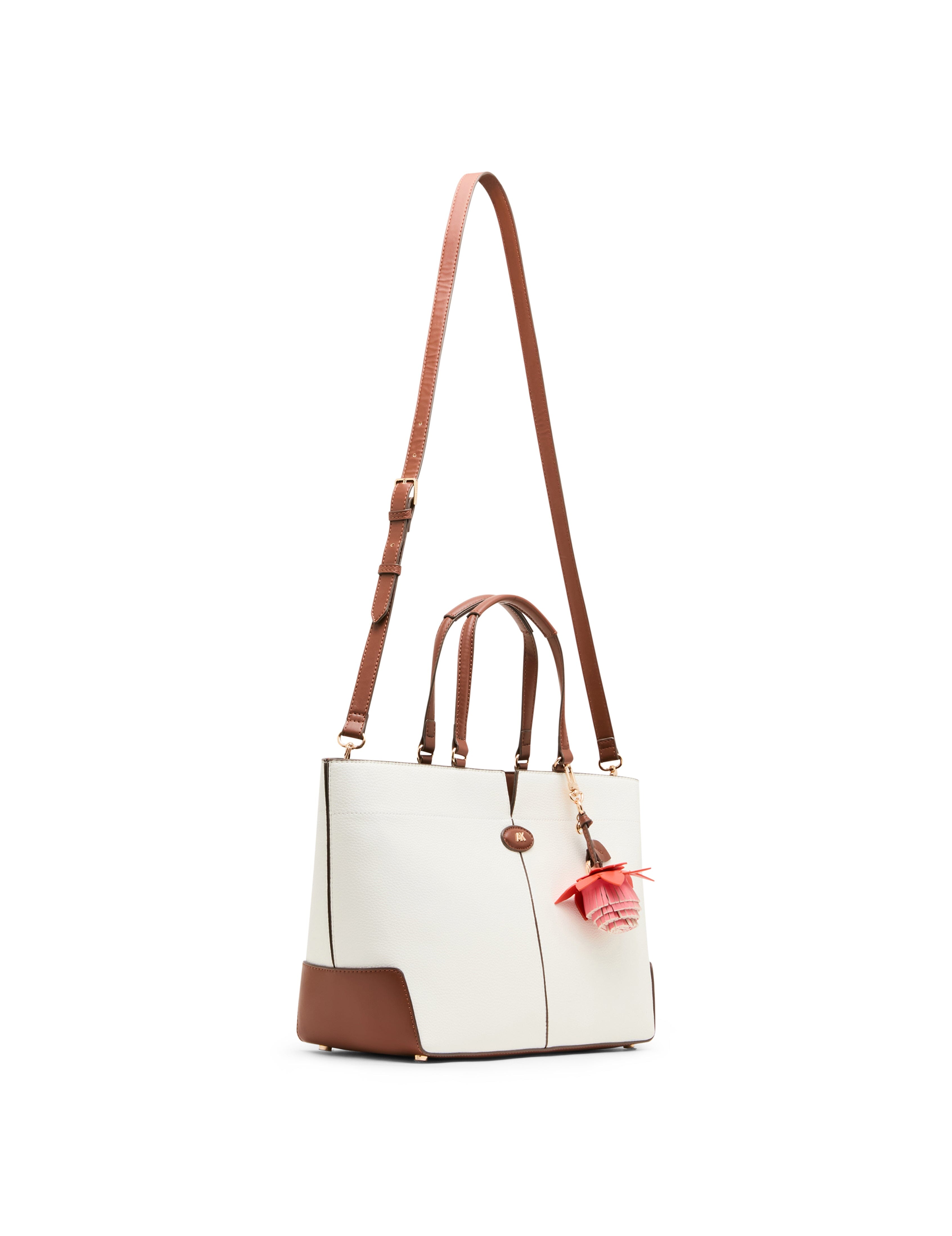 Large East West Tote Bag with Floral Bag Charm in Vanilla Latte / Haze - Anne Klein Vanilla Latte/Hazelnut