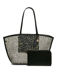 Printed Mesh Tote Bag with Pouch in Zebra: Black-Cream / Black | Anne - Anne Klein Zebra