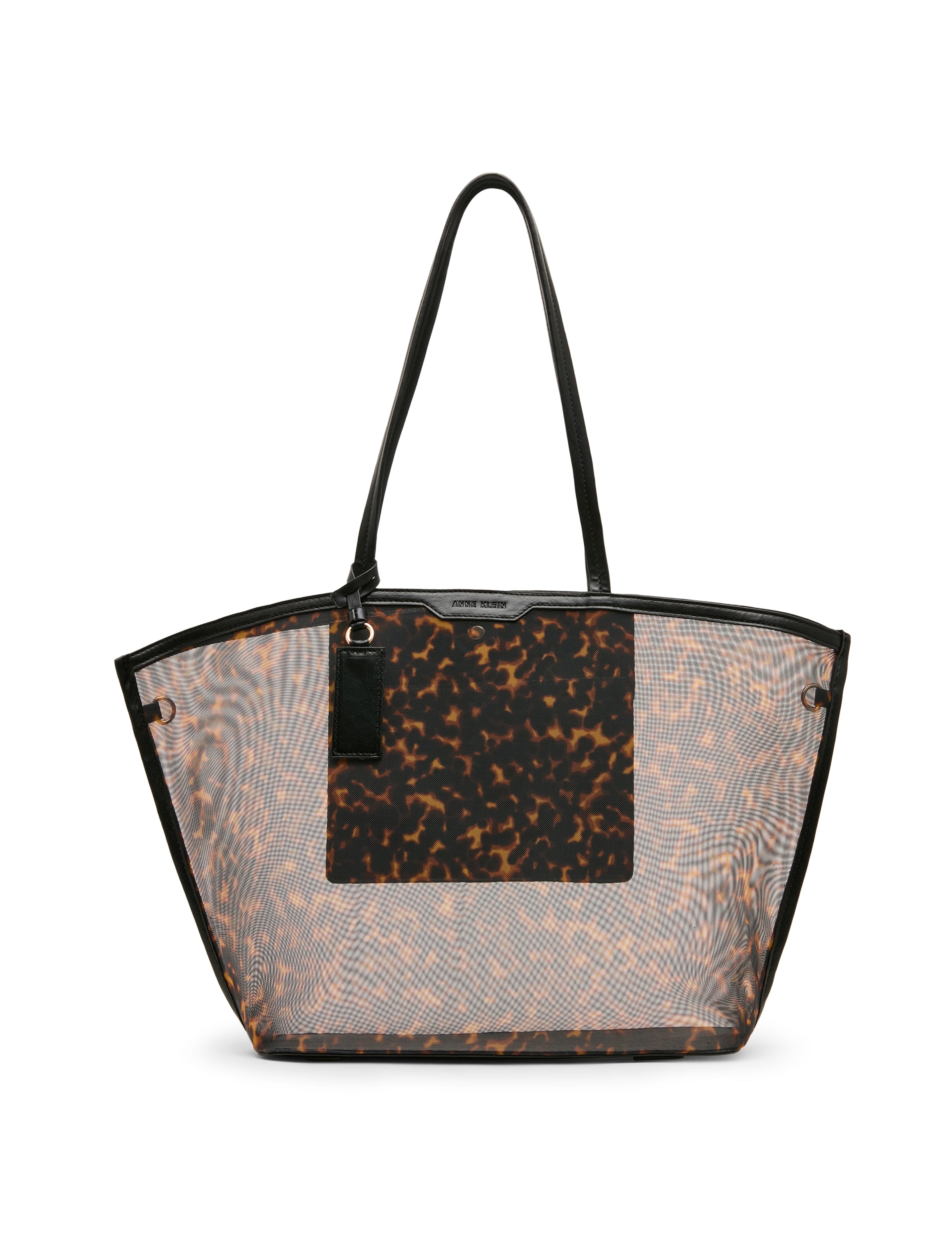 Printed Mesh Tote Bag with Pouch in Tortoise: Black Multi / Black | An - Anne Klein Tortoise