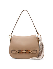 Flap Shoulder Bag with Scarf Detail in Truffle / Pearl White-Sesame | - Anne Klein Truffle/Pearl White-Sesame