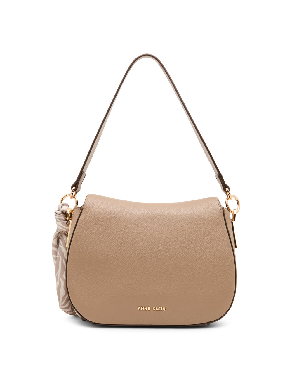 Flap Shoulder Bag with Scarf Detail in Truffle / Pearl White-Sesame | - Anne Klein Truffle/Pearl White-Sesame