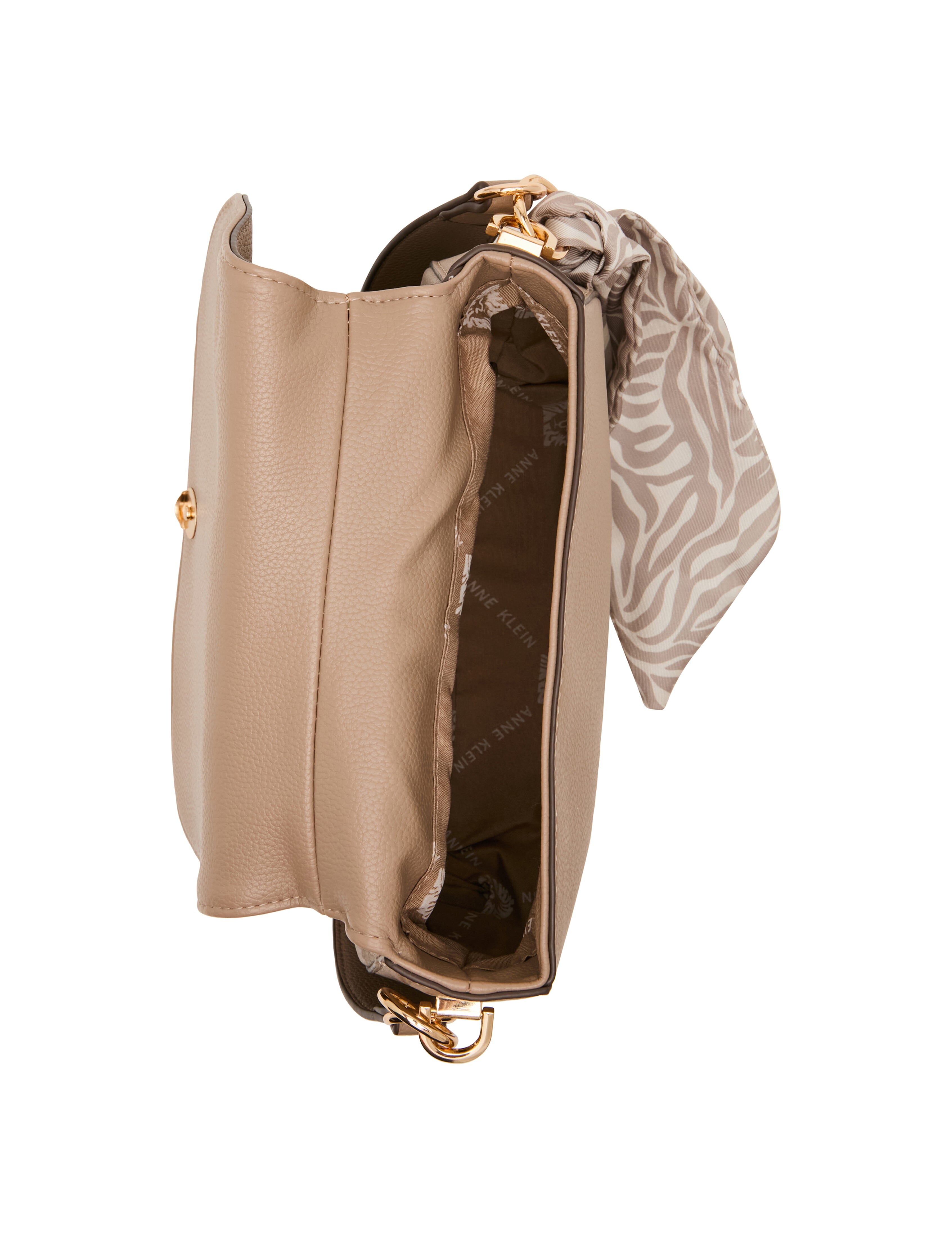 Flap Shoulder Bag with Scarf Detail in Truffle / Pearl White-Sesame | - Anne Klein Truffle/Pearl White-Sesame