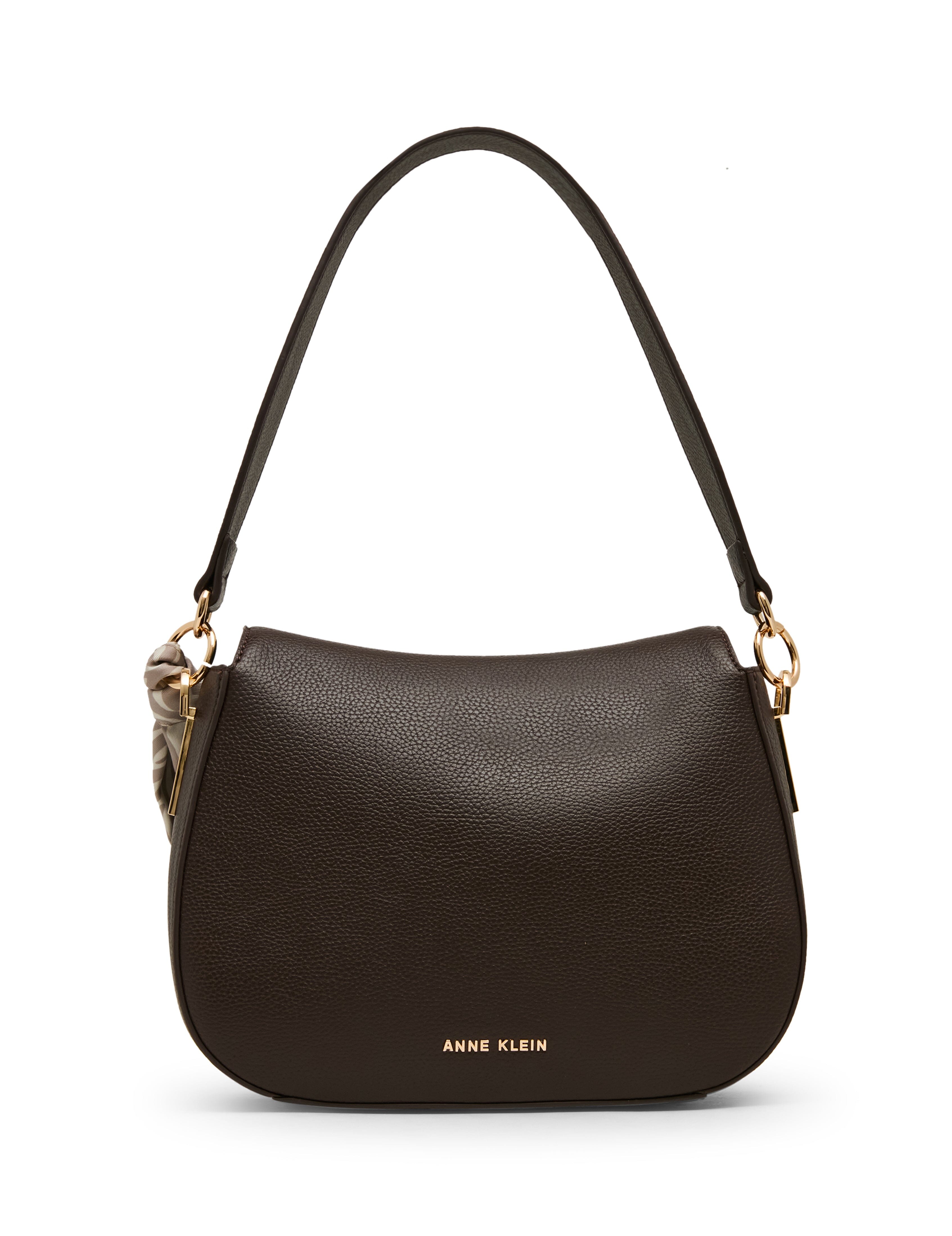 Flap Shoulder Bag with Scarf Detail in Espresso / Pearl White-Sesame | - Anne Klein Espresso/Pearl White-Sesame