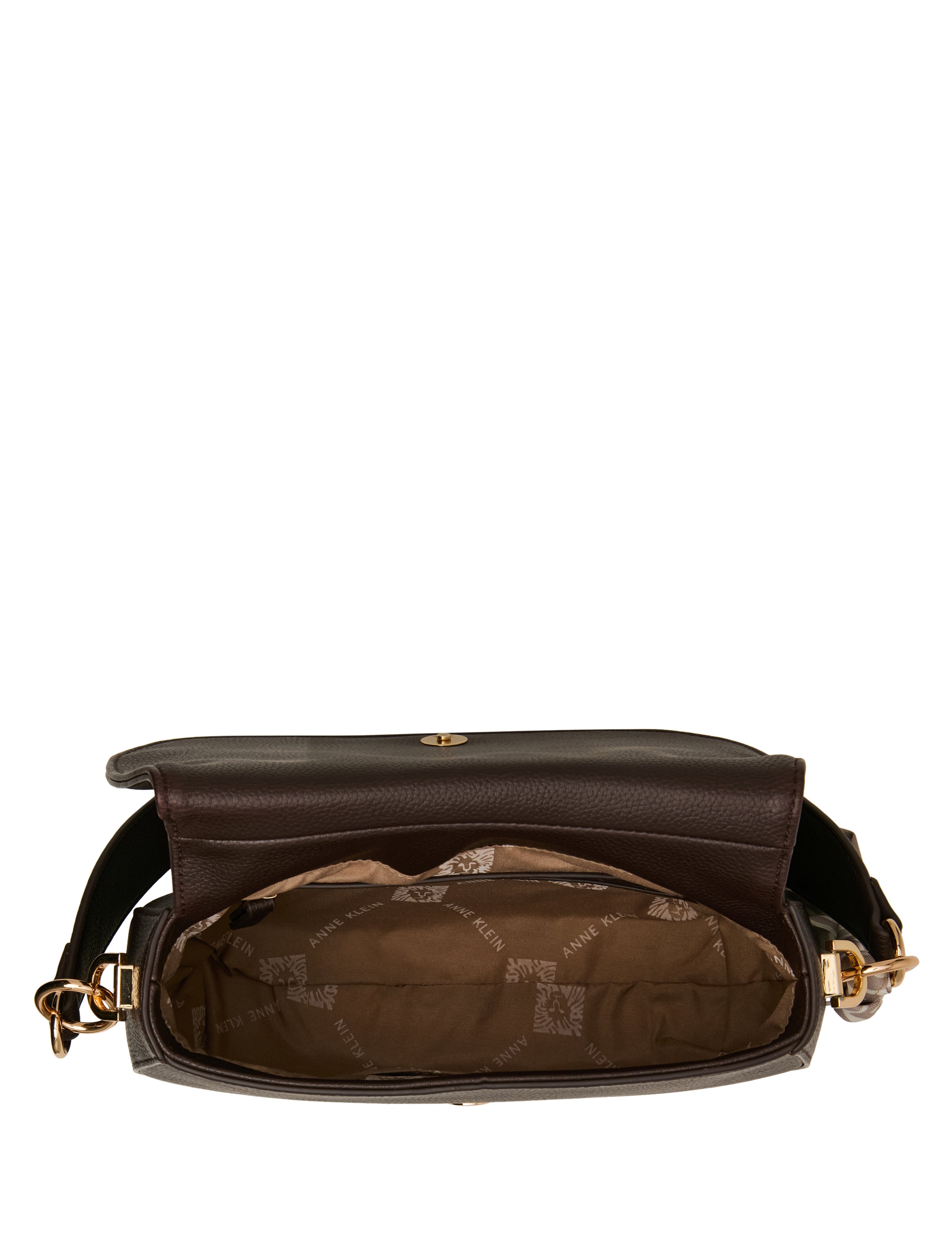 Flap Shoulder Bag with Scarf Detail in Espresso / Pearl White-Sesame | - Anne Klein Espresso/Pearl White-Sesame