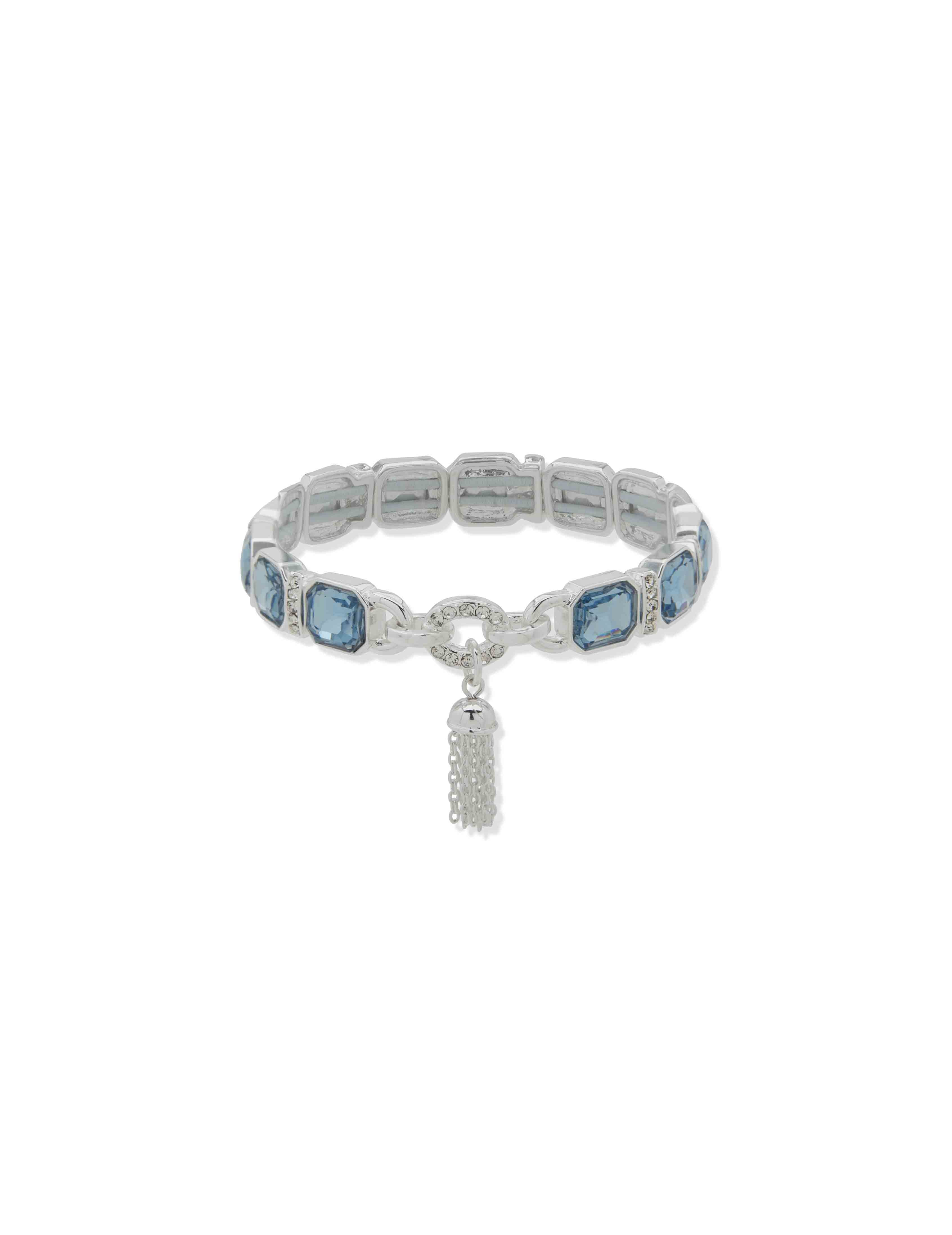 Br Emerald Cut & Bar Stn W/Tassel-Slv/Blue/Cry - Anne Klein