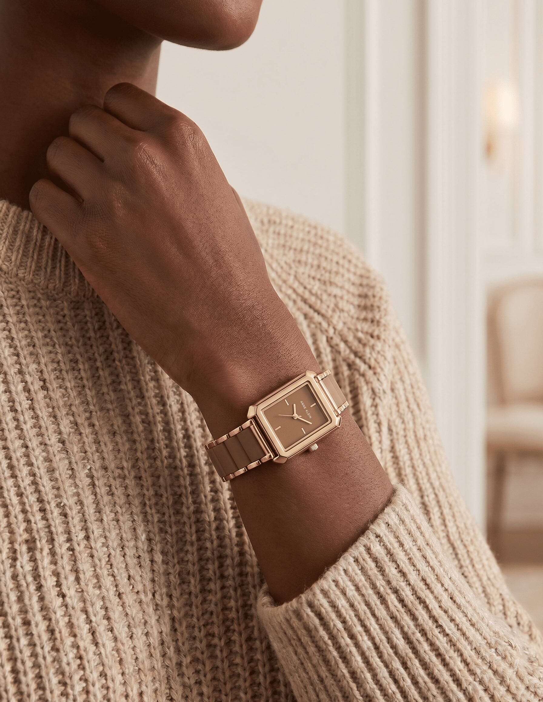 Rectangular Silicone Bracelet Watch - Anne Klein Mocha/Gold-Tone