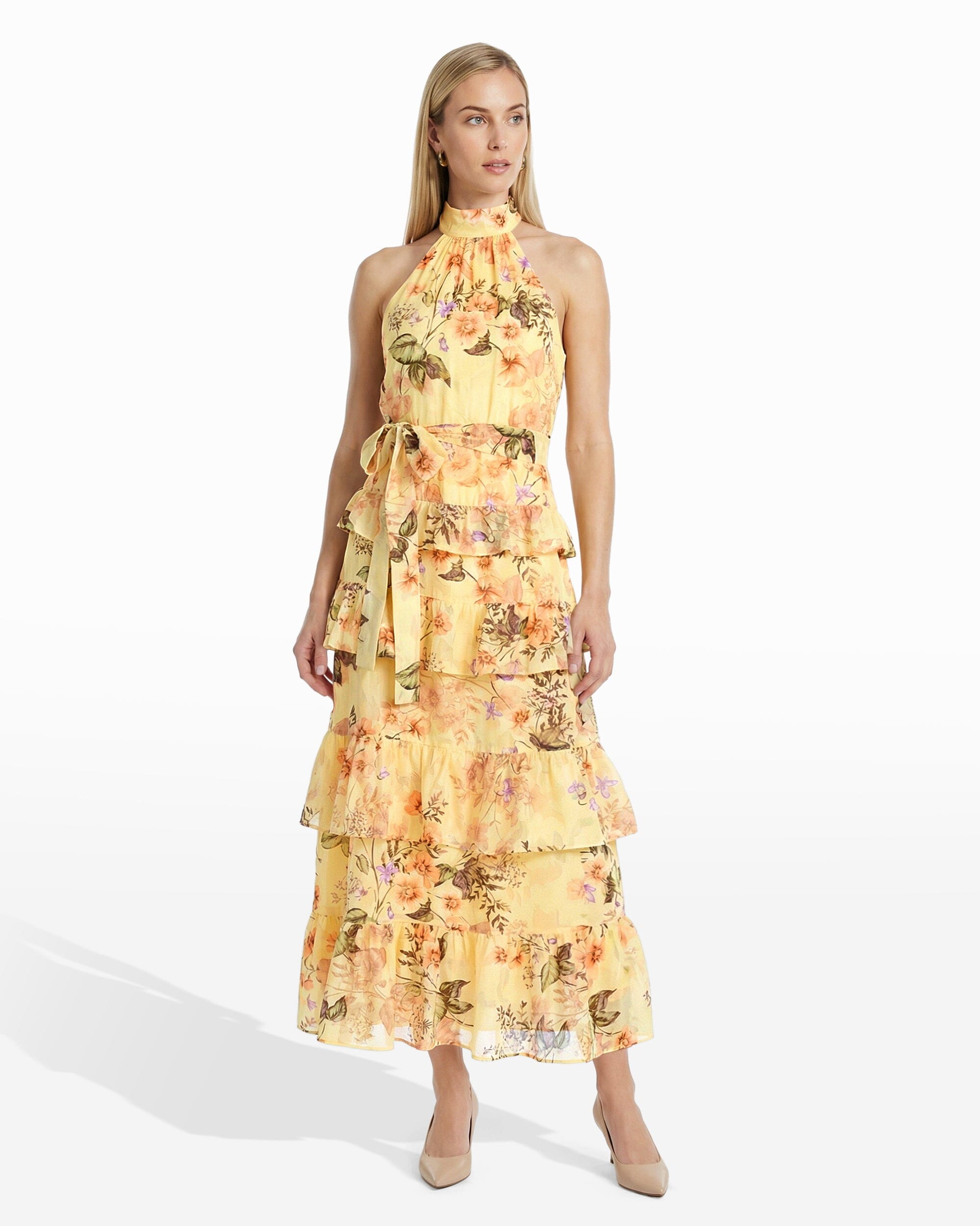 Halter Tiered Maxi Dress with Ruffles - Anne Klein DAFFODIL MULTI