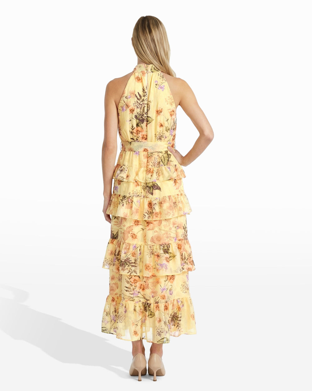 Halter Tiered Maxi Dress with Ruffles - Anne Klein DAFFODIL MULTI