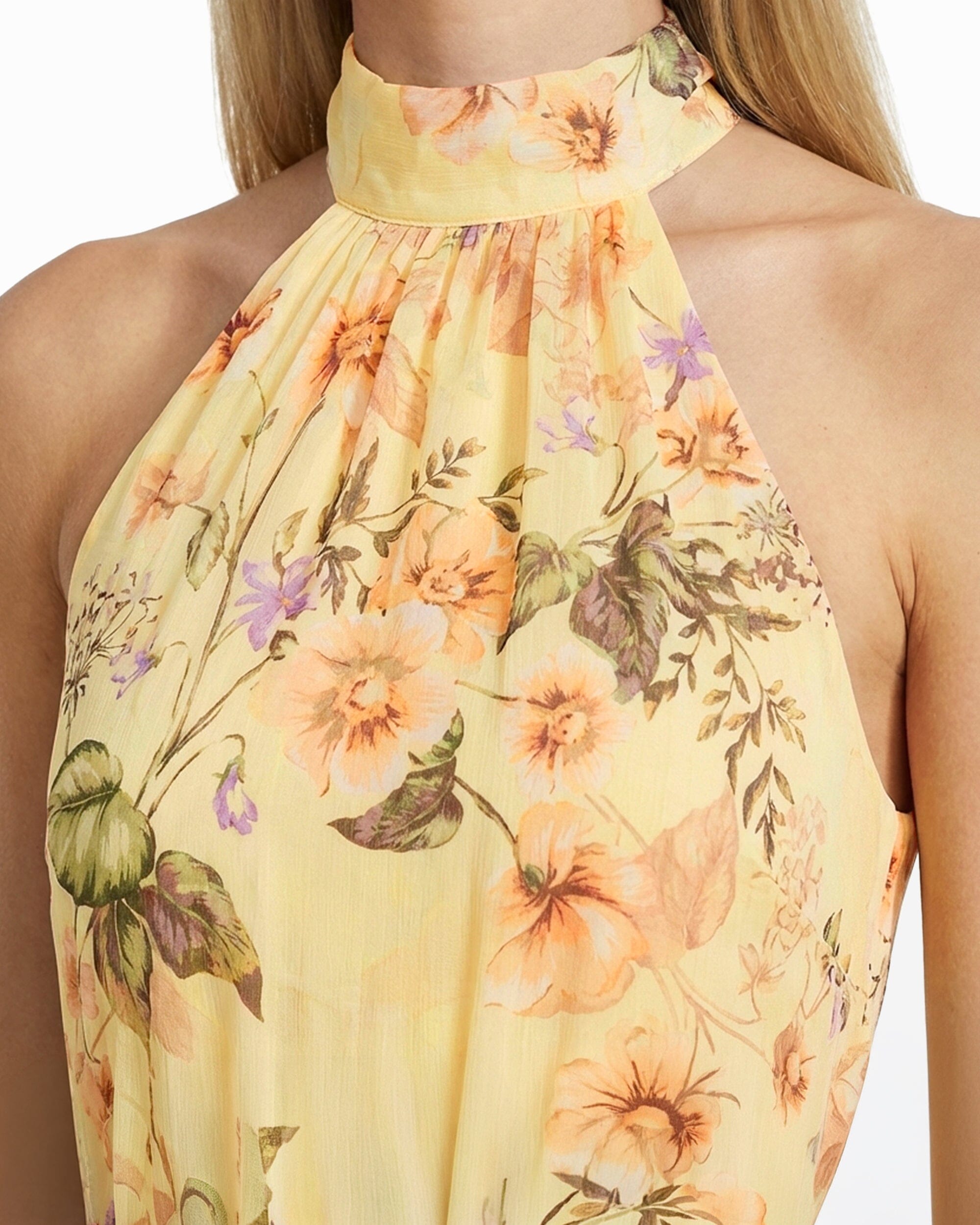 Halter Tiered Maxi Dress with Ruffles - Anne Klein DAFFODIL MULTI