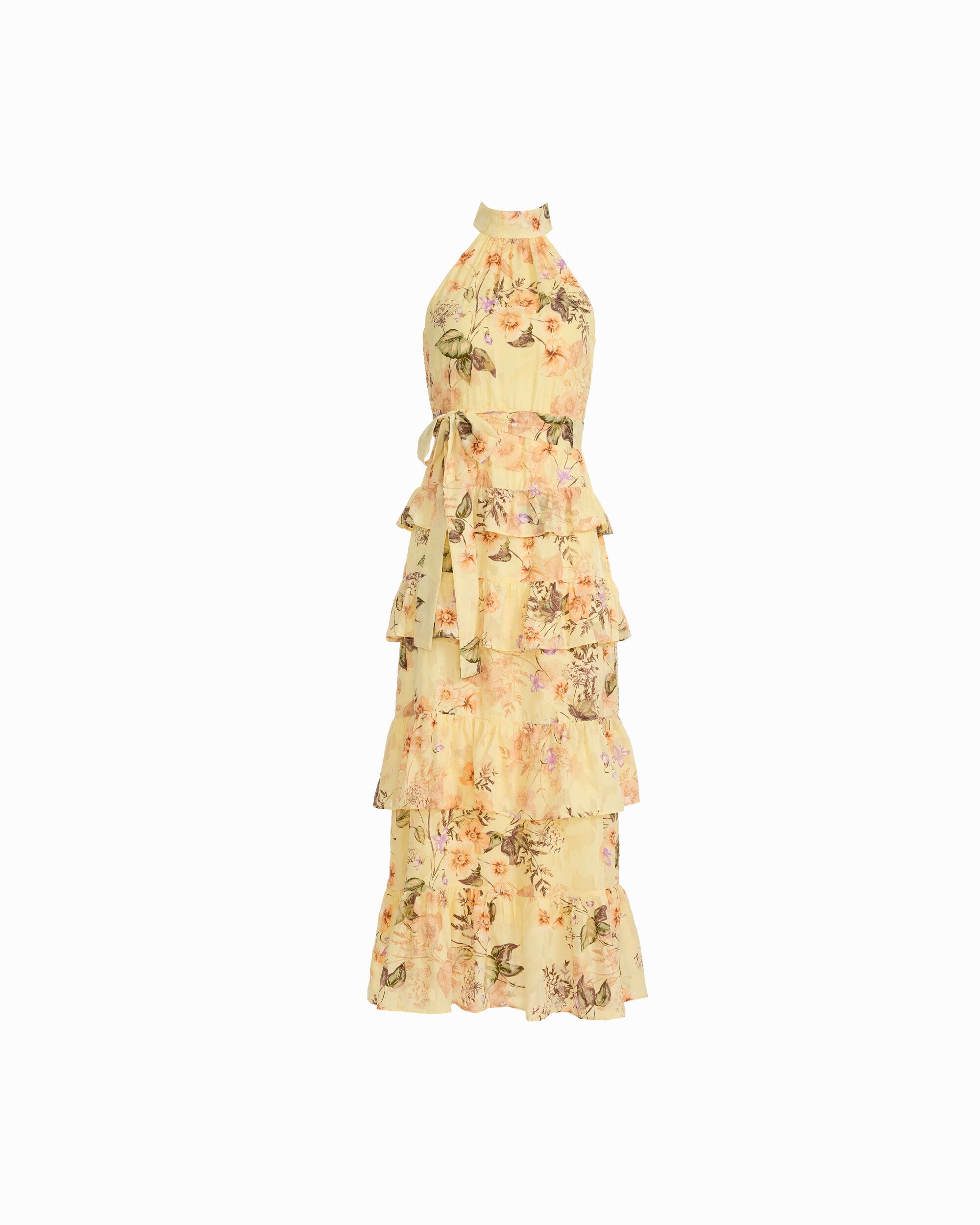 Halter Tiered Maxi Dress with Ruffles - Anne Klein DAFFODIL MULTI