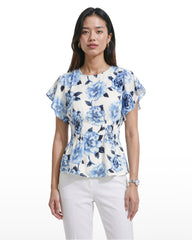 Smocked Waist Flutter Sleeve Blouse - Anne Klein CRISP WHITE MLT