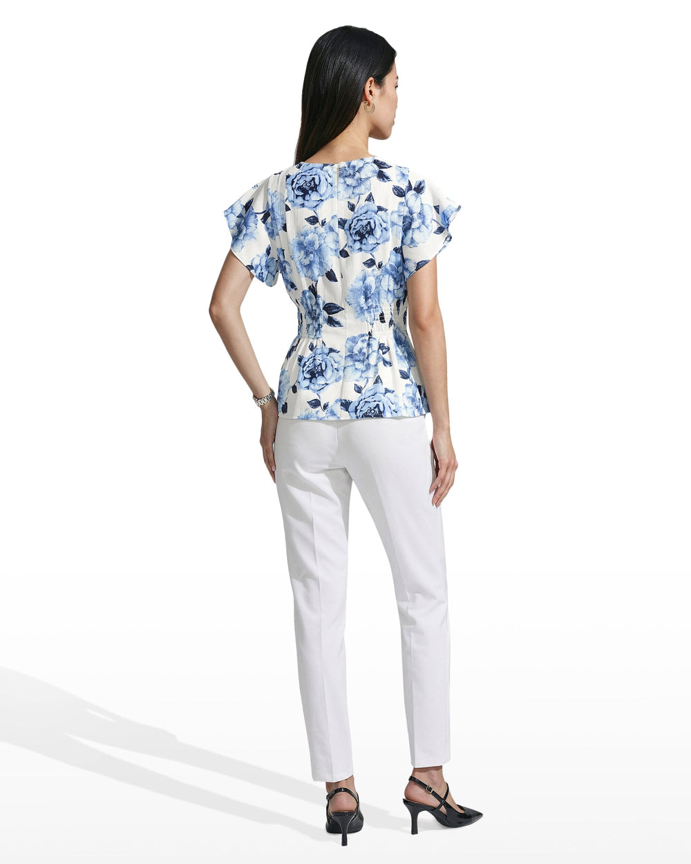 Smocked Waist Flutter Sleeve Blouse - Anne Klein CRISP WHITE MLT