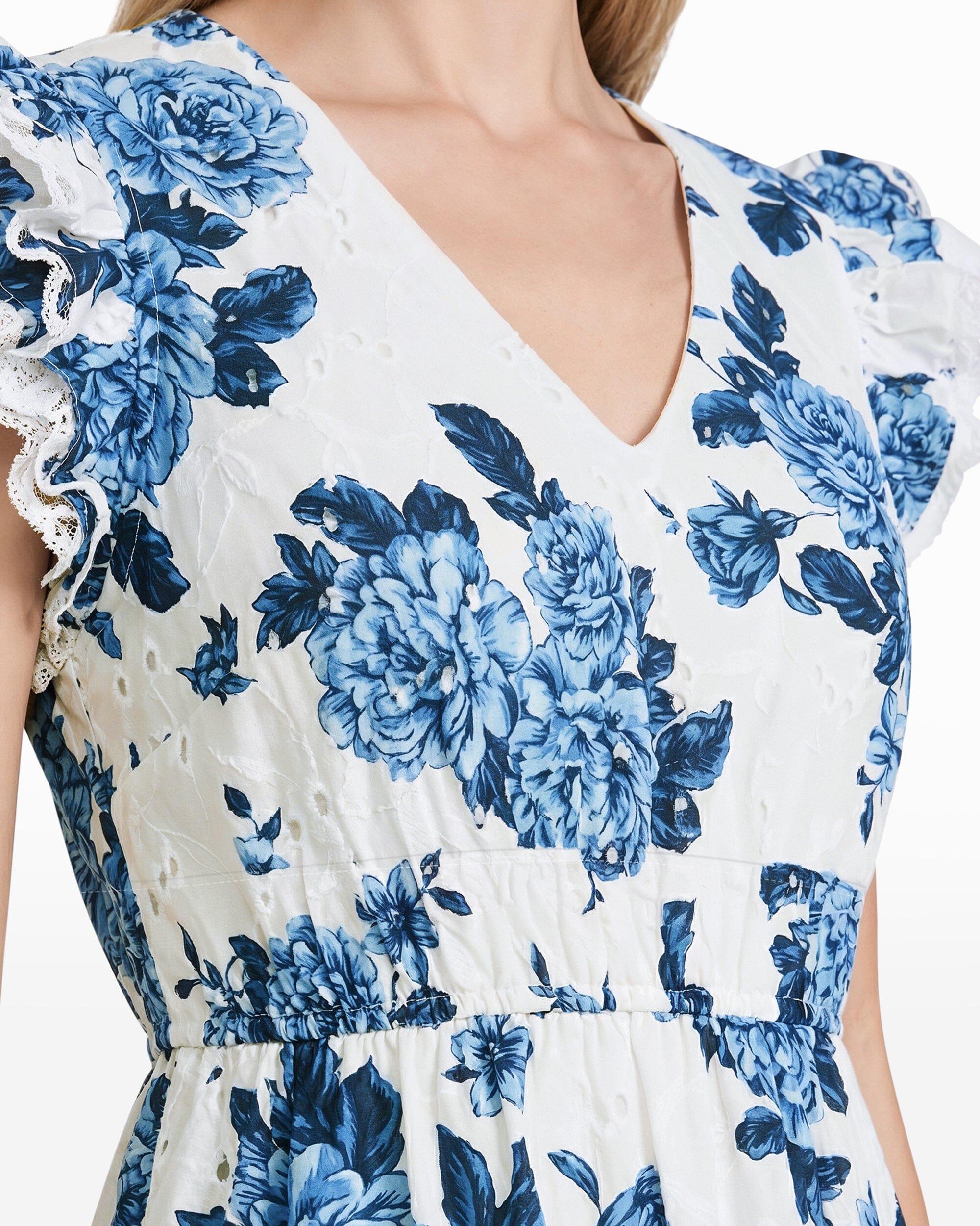 V-Neck Ruffle Sleeve Mini Dress - Anne Klein MARINA MULTI