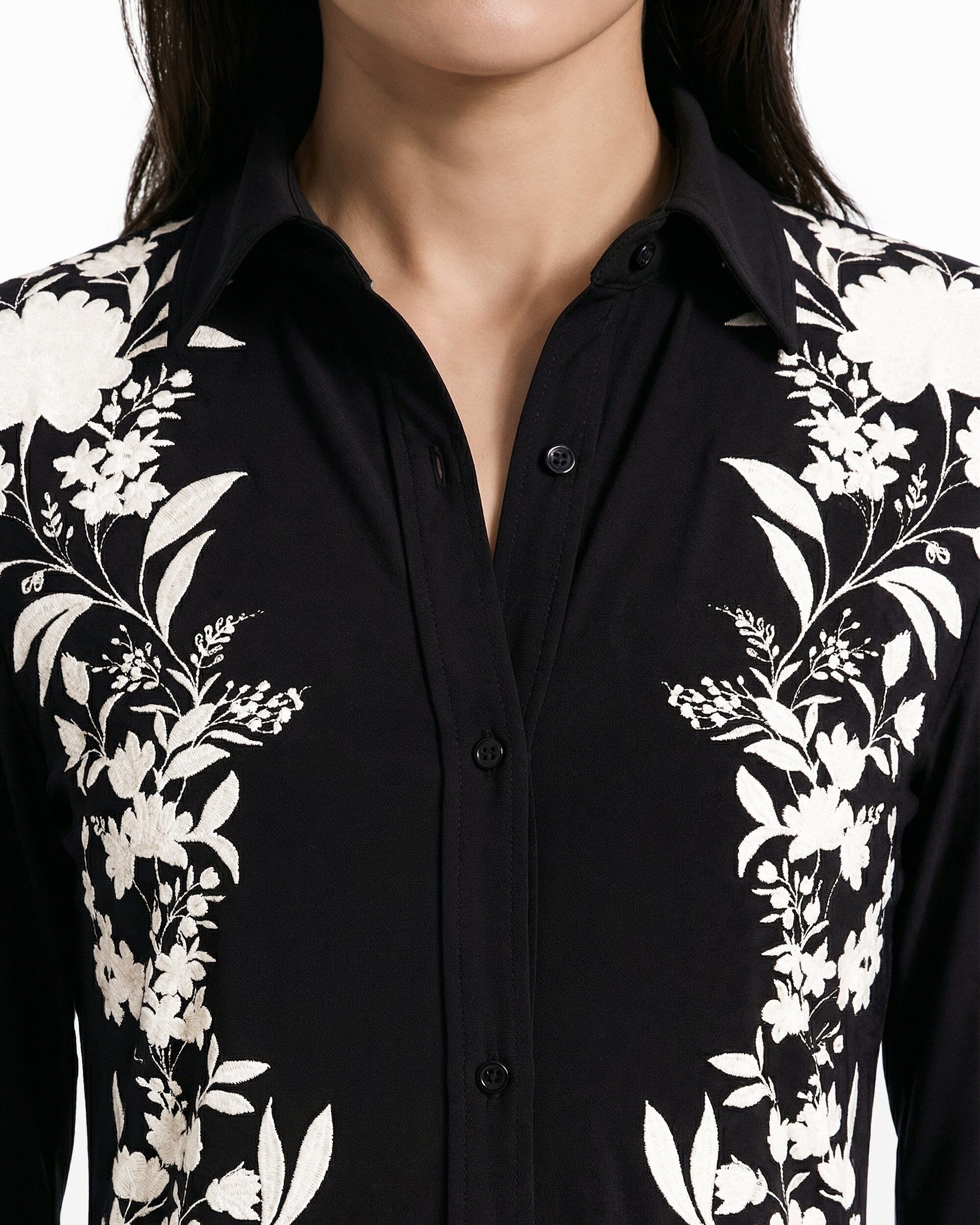Long Sleeve Button Down Shirt - Anne Klein Anne Black/White Dove