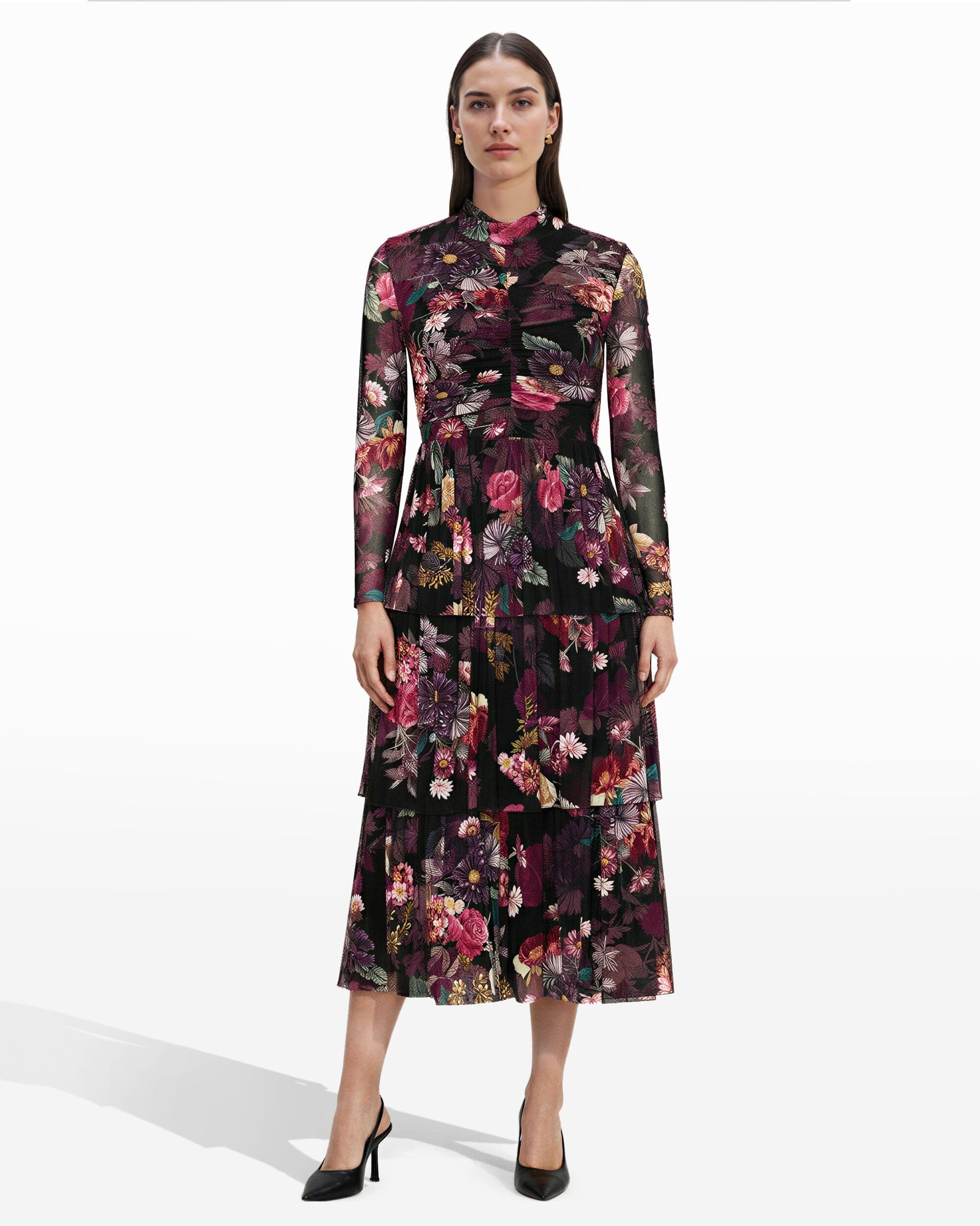 Mock Neck Tiered Dress - Anne Klein Anne Black Multi