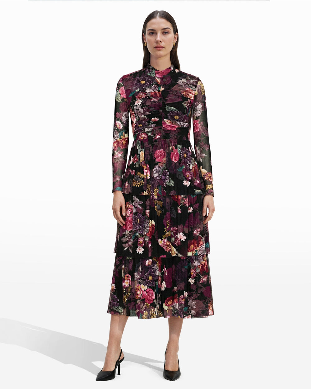 Mock Neck Tiered Dress - Anne Klein Anne Black Multi