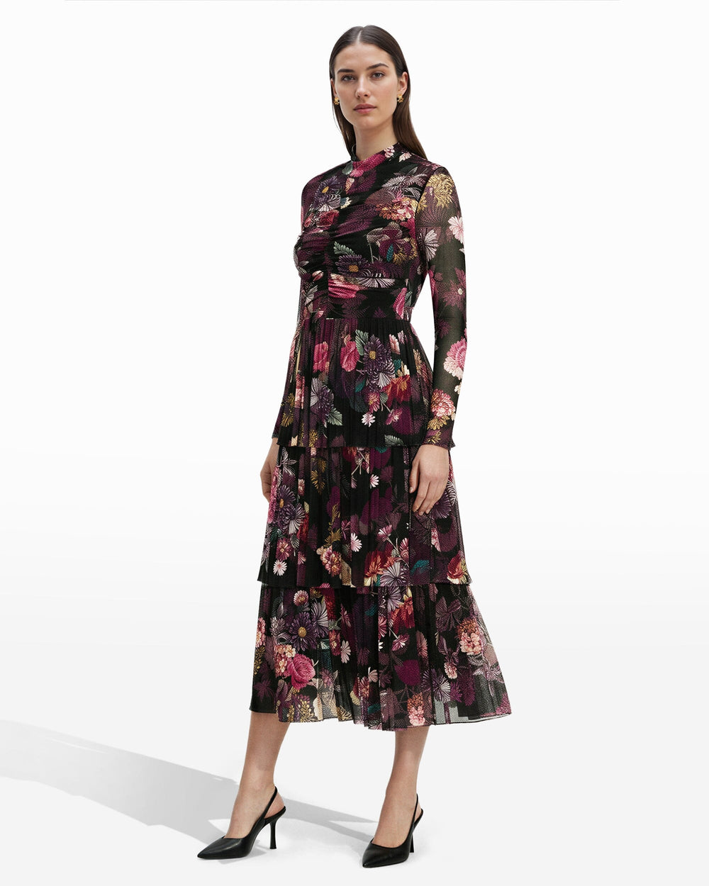 Mock Neck Tiered Dress - Anne Klein Anne Black Multi