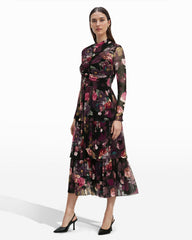 Mock Neck Tiered Dress - Anne Klein Anne Black Multi