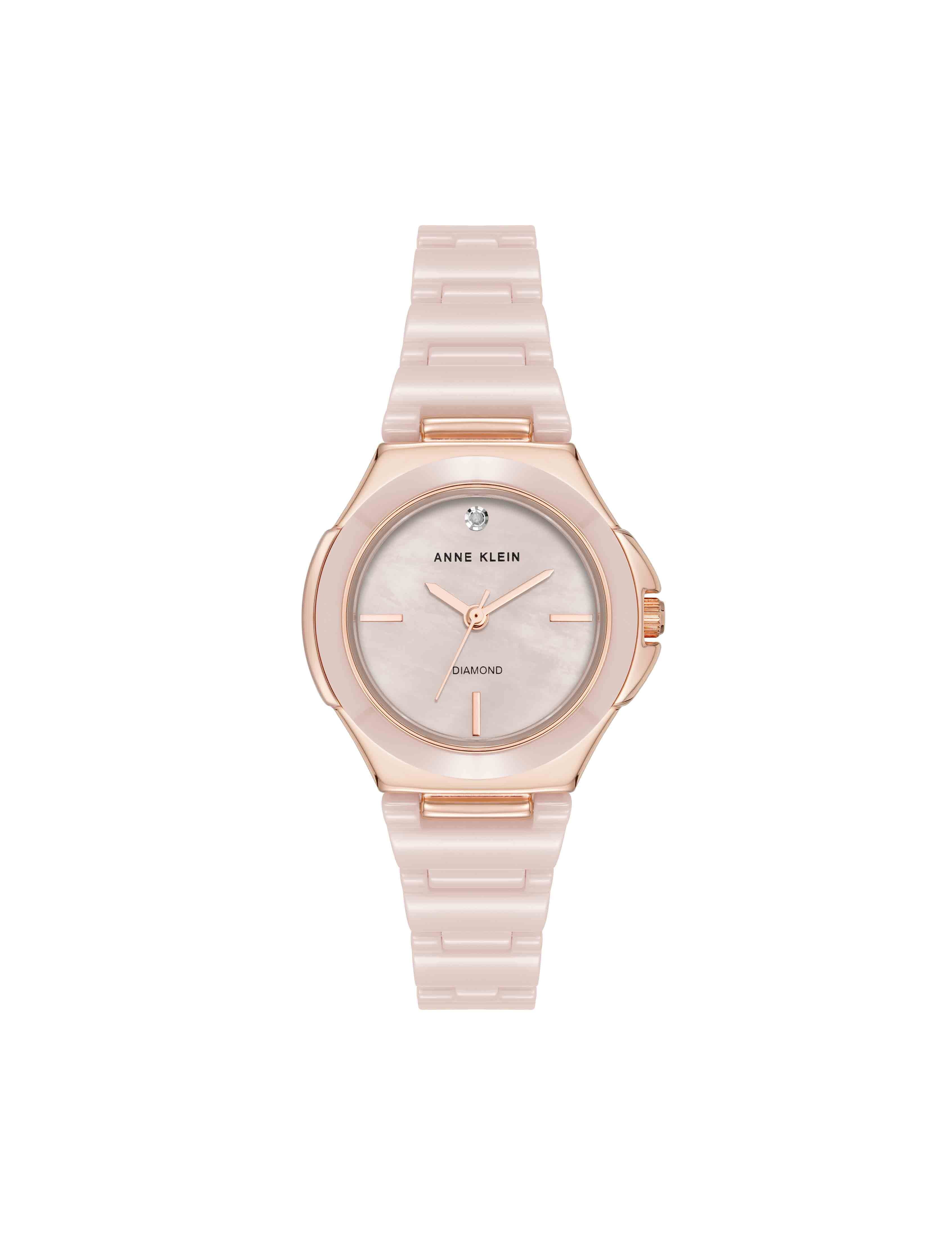 Ceramic Bracelet & Bezel Watch with Diamond - Anne Klein Rose-Tone/Blush Pink