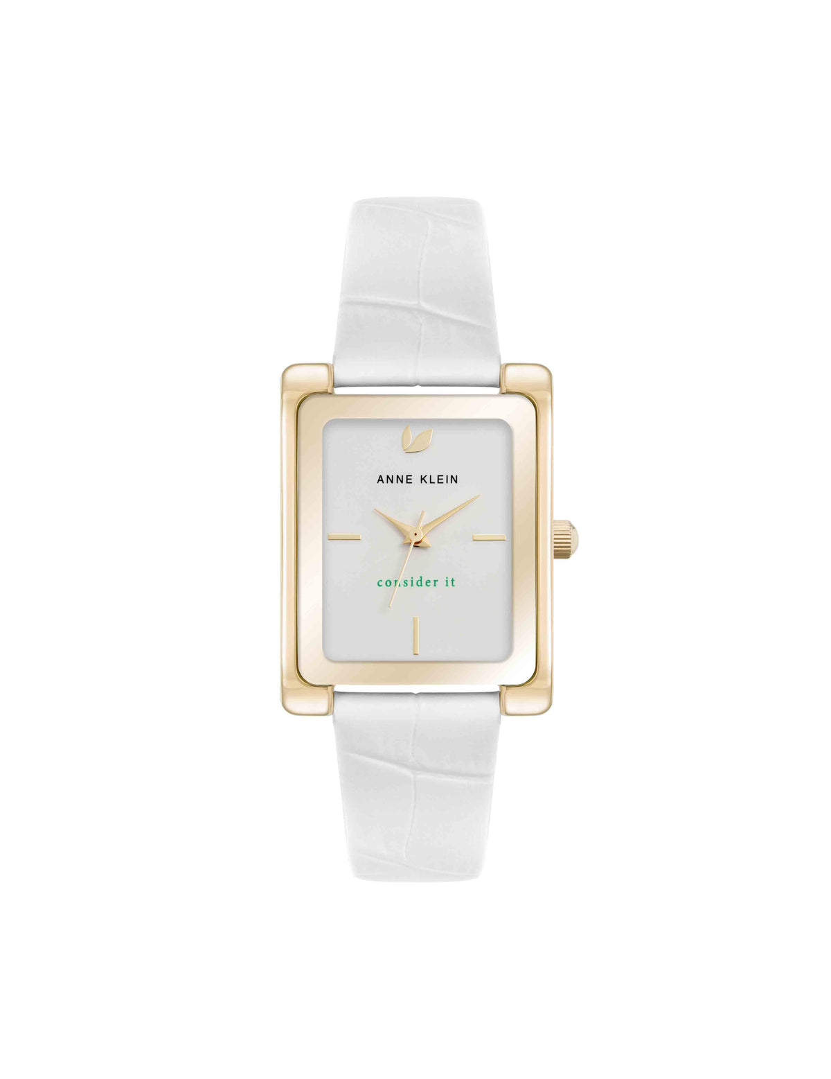 Rectangular Leather Band Watch - Anne Klein Gold-Tone/White