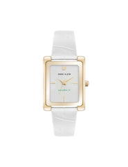 Rectangular Leather Band Watch - Anne Klein Gold-Tone/White