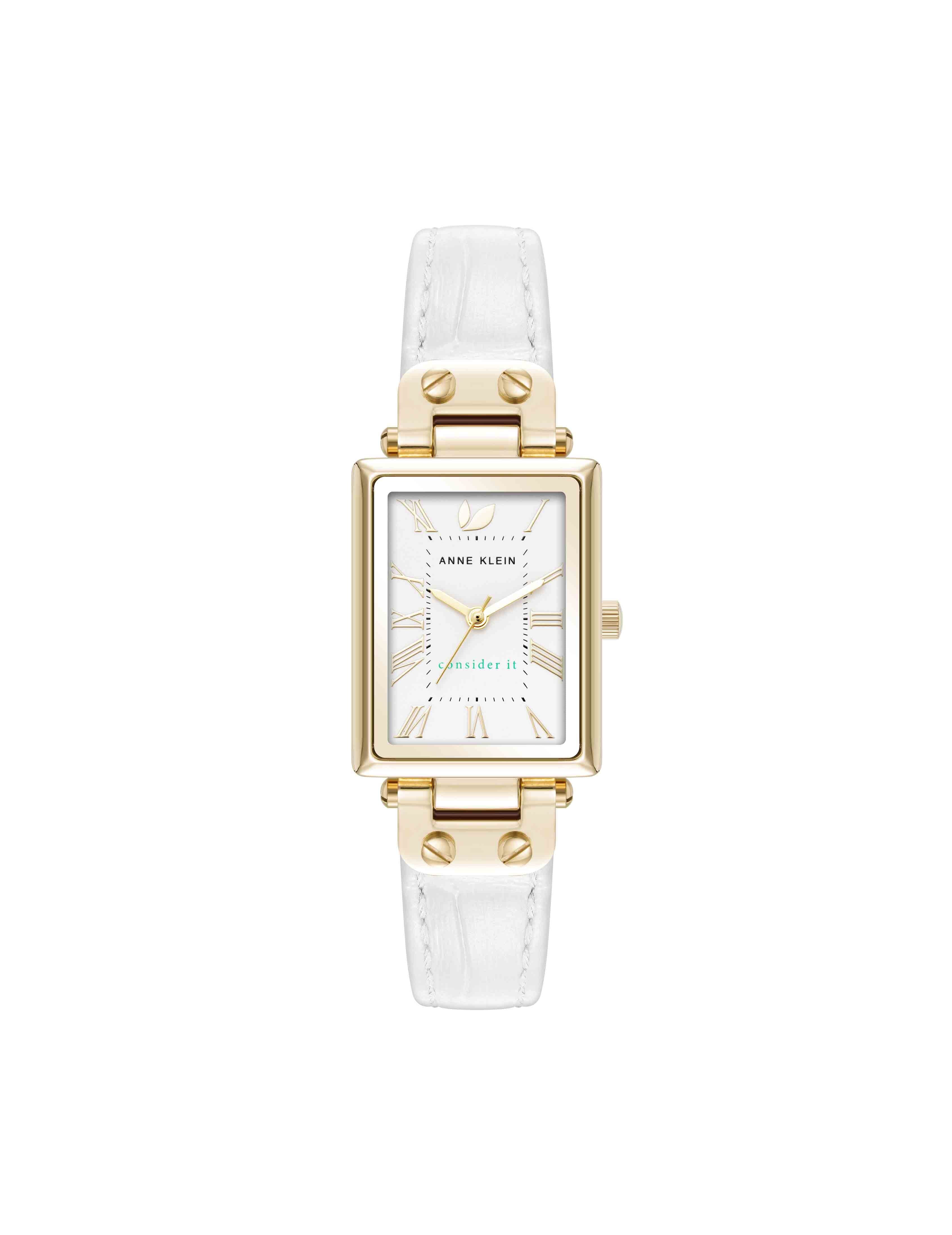 Rectangular Sustainable Leather Watch - Anne Klein Gold-Tone/White