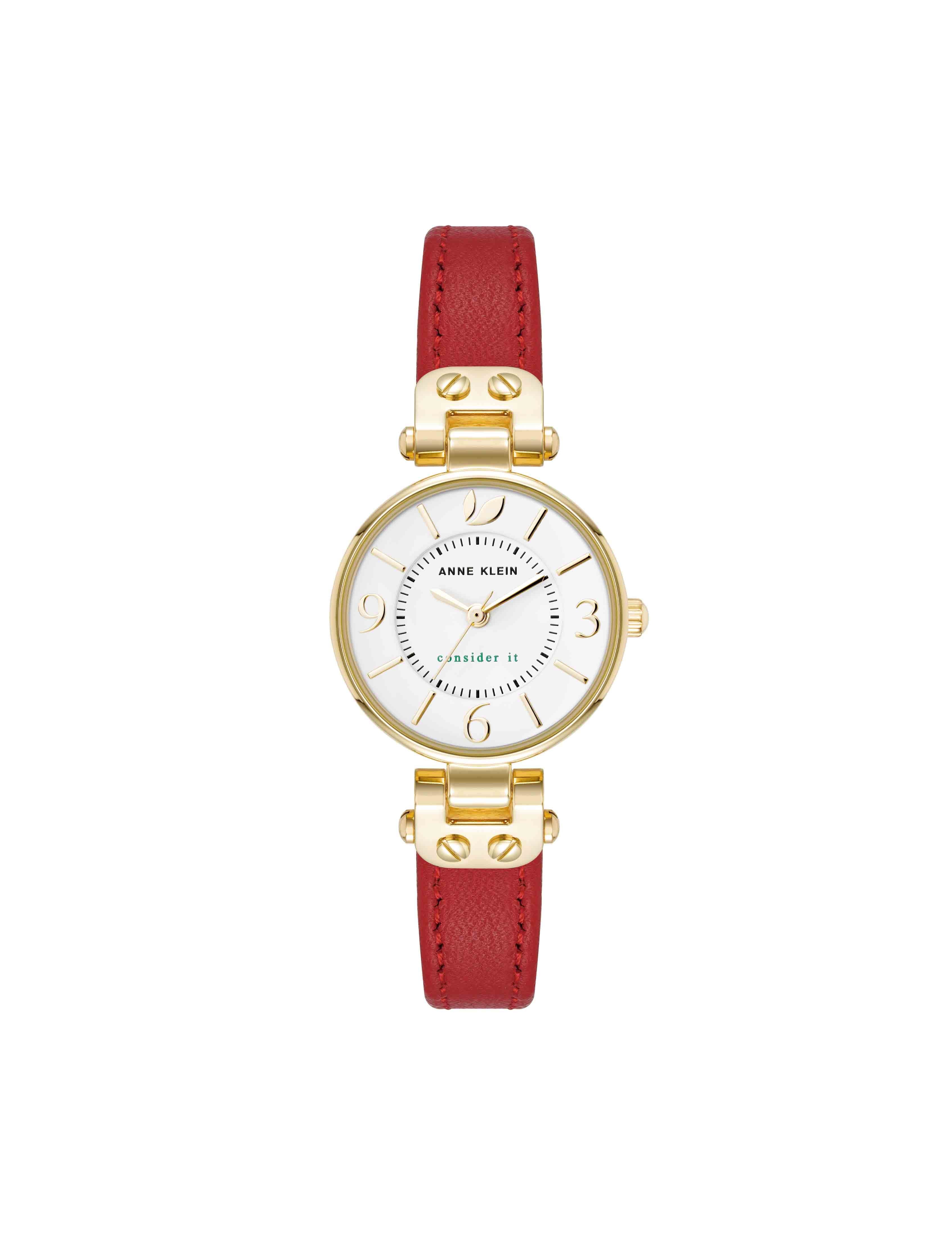 Sustainable Leather Strap Watch - Anne Klein Gold-Tone/Red
