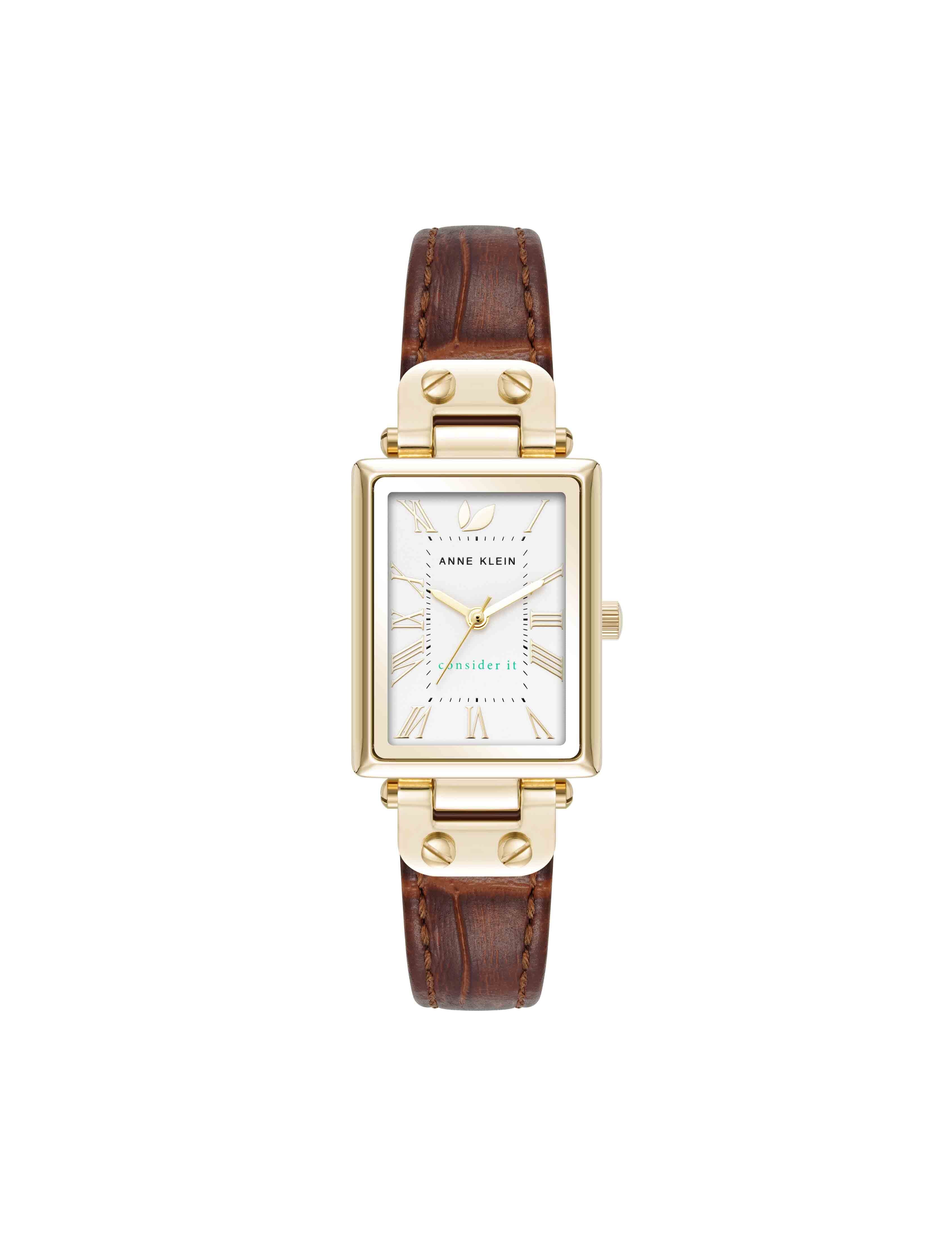 Rectangular Case Leather Strap Watch - Anne Klein Gold-Tone/Brown
