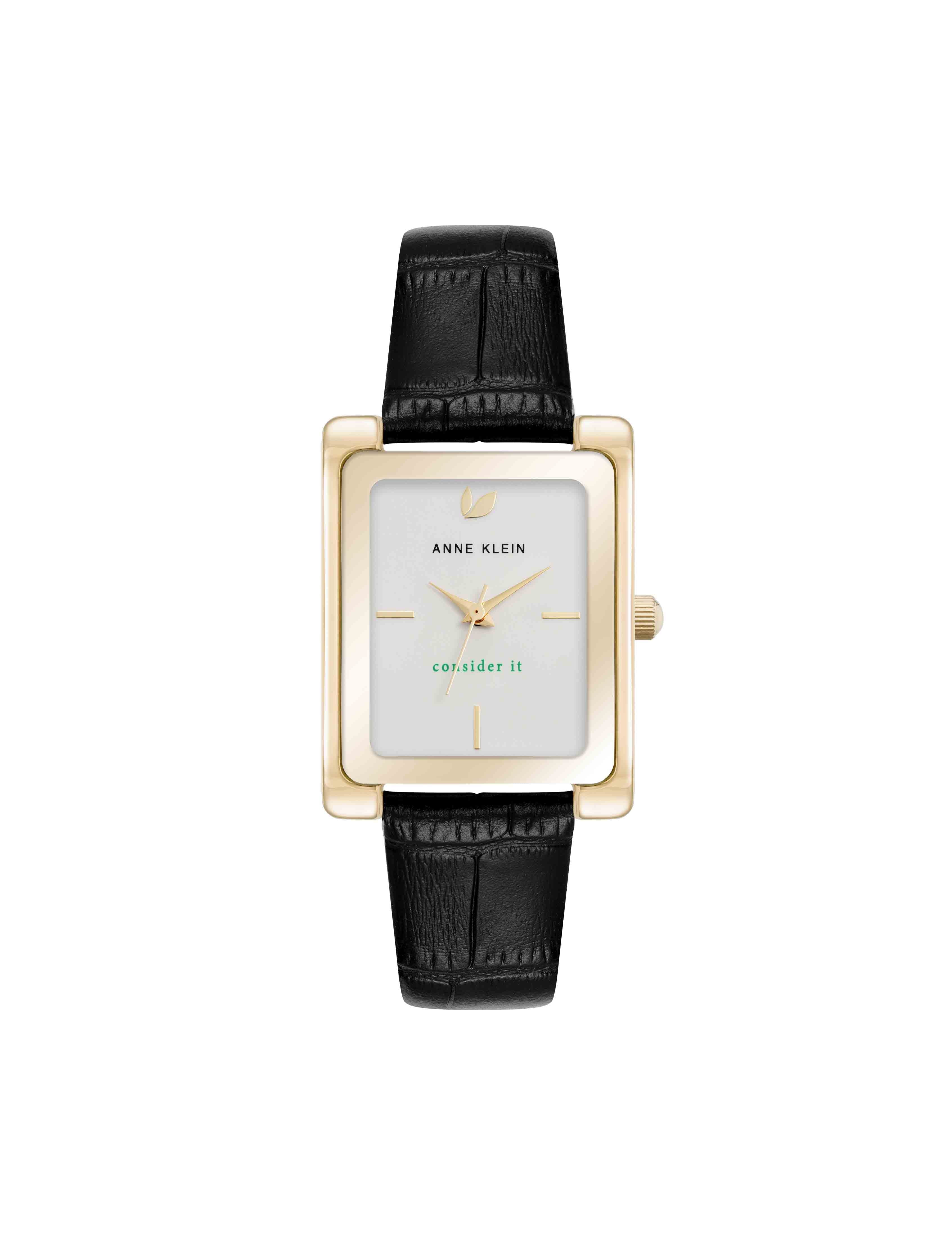 Rectangular Leather Band Watch - Anne Klein Gold-Tone/Black