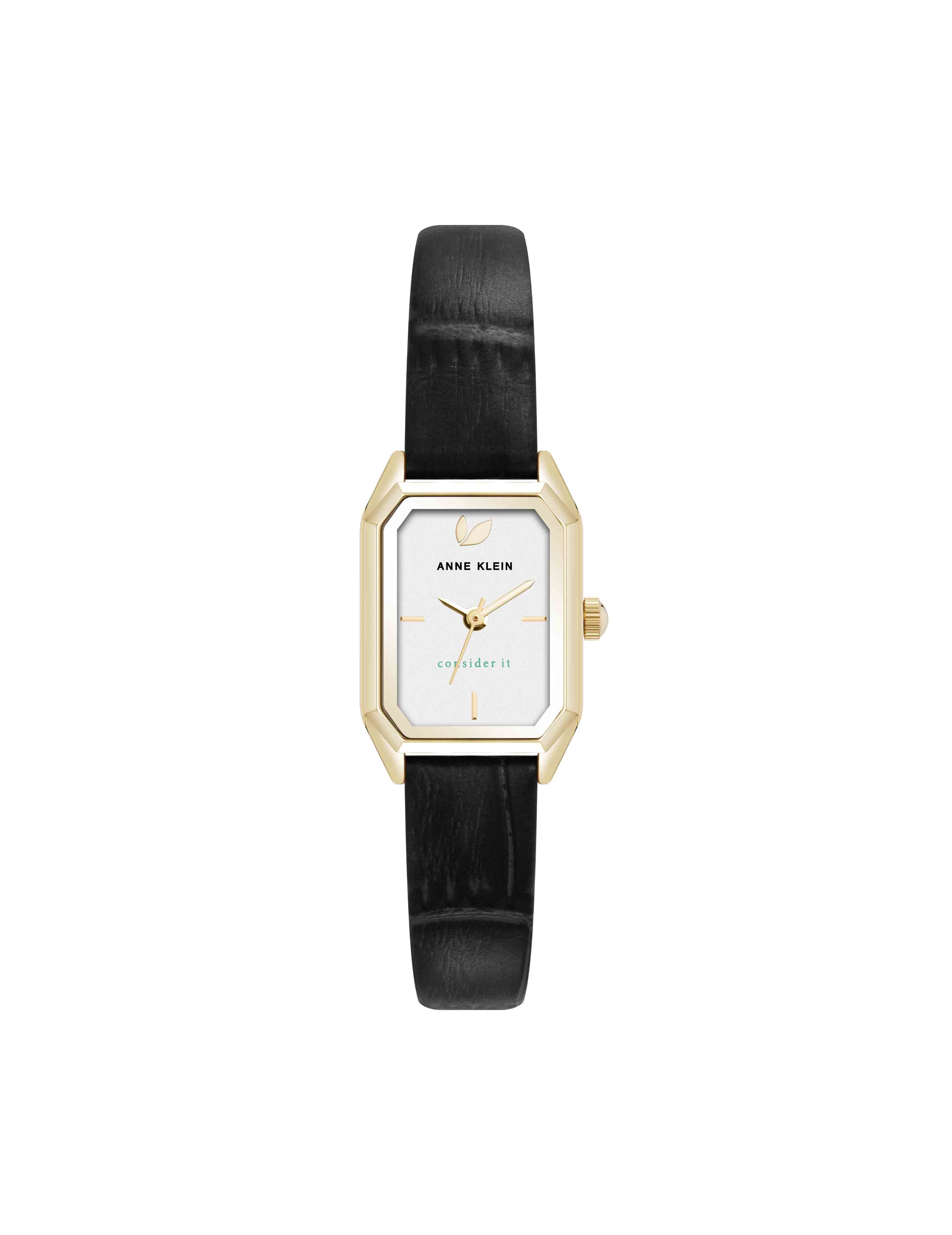 Octagonal Sustainable Leather Band Watch - Anne Klein Gold-Tone/Black