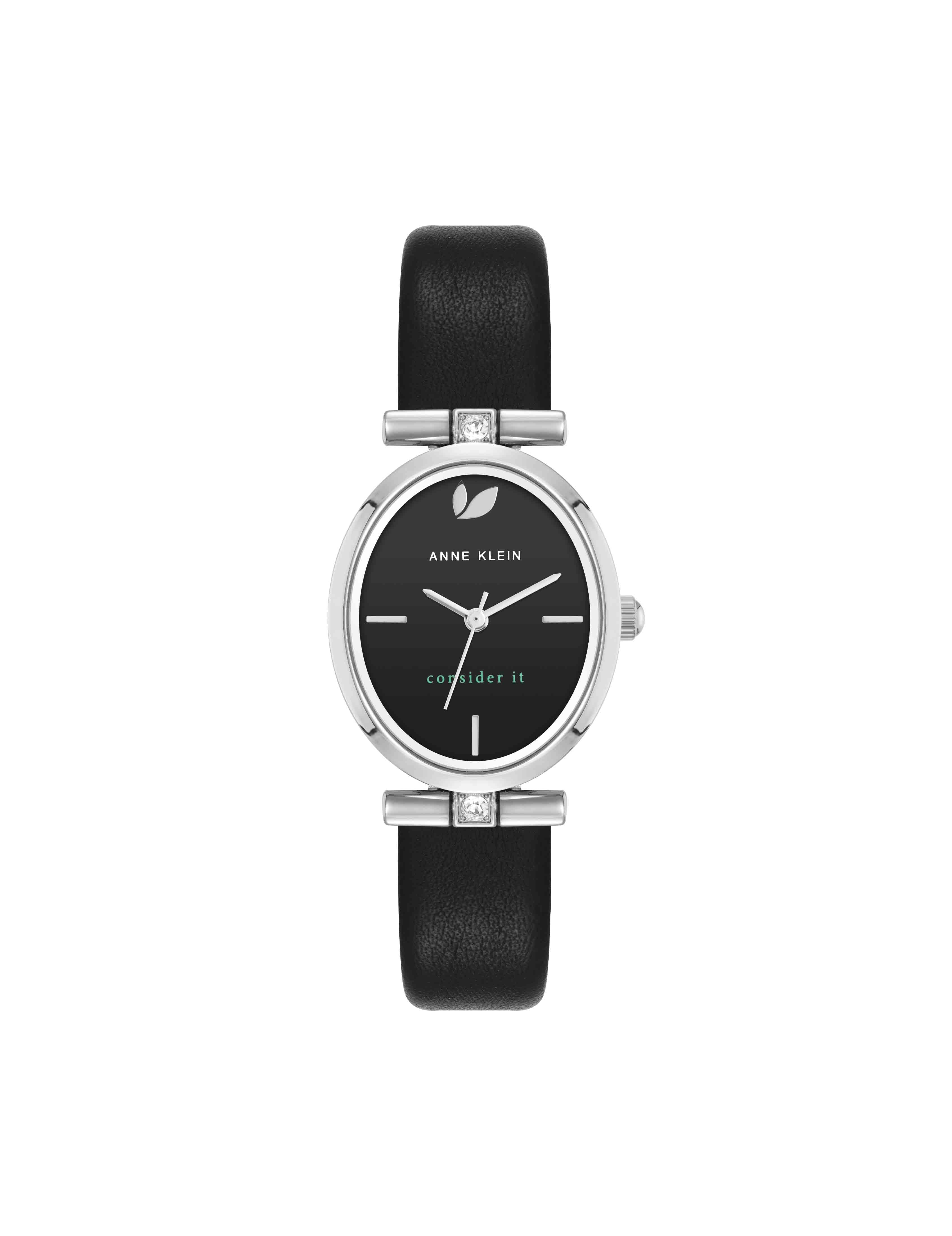 Oval Case Sustainable Leather Watch - Anne Klein Silver-Tone/Black