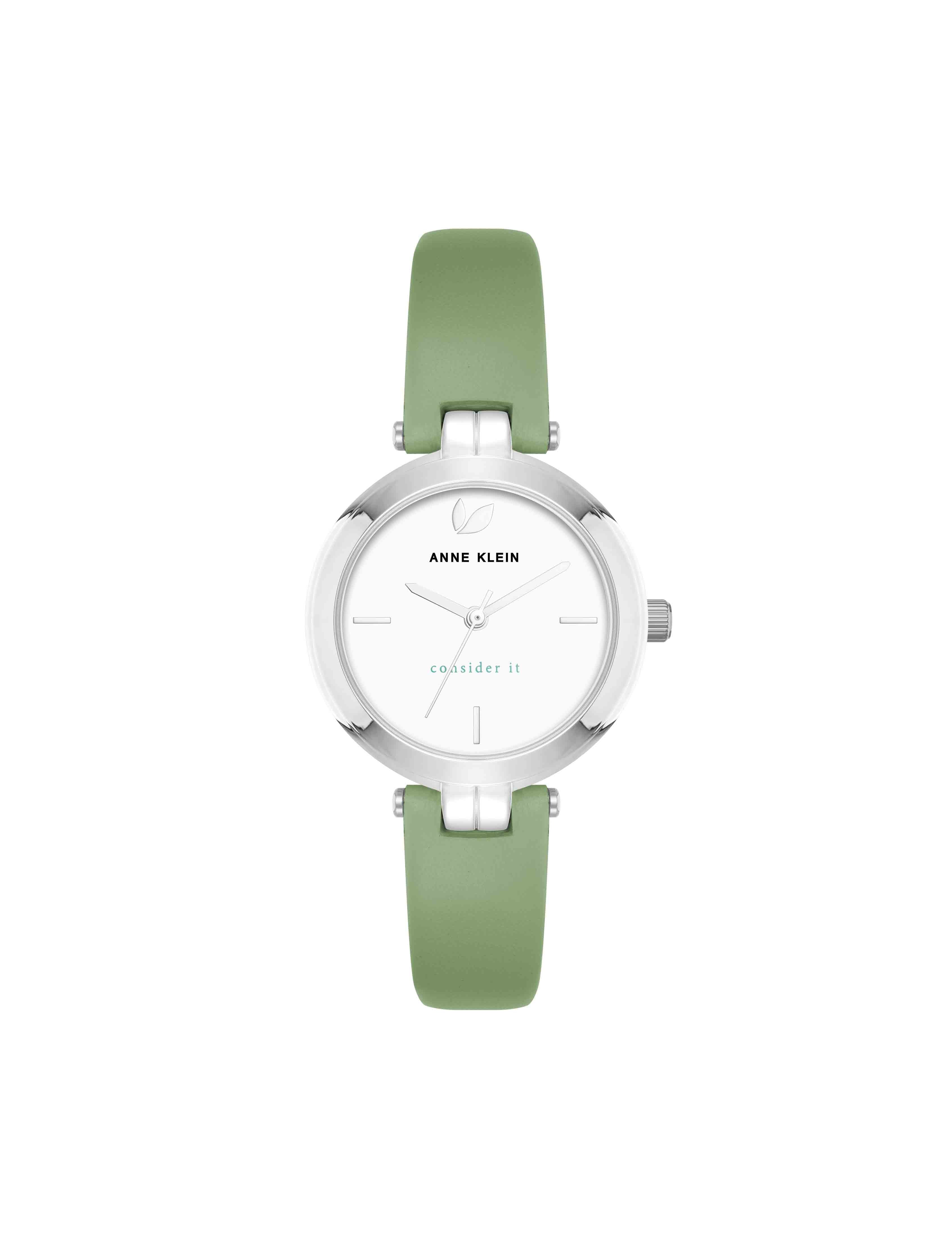 Consider It Round Sustainable Leather Band Watch - Anne Klein Green/Silver-Tone