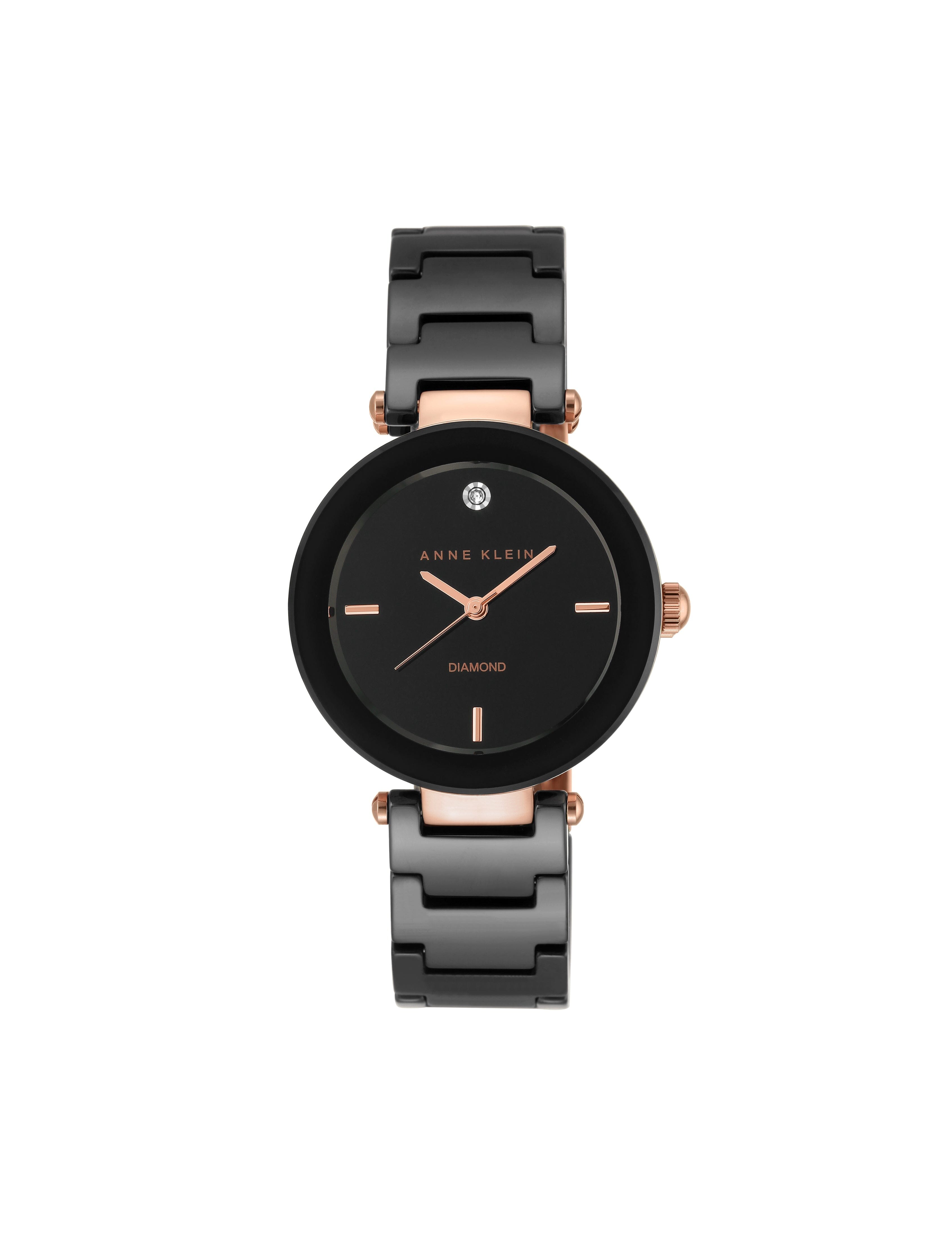 Ceramic Bracelet Watch with Diamonds - Anne Klein Black/Rose-Tone
