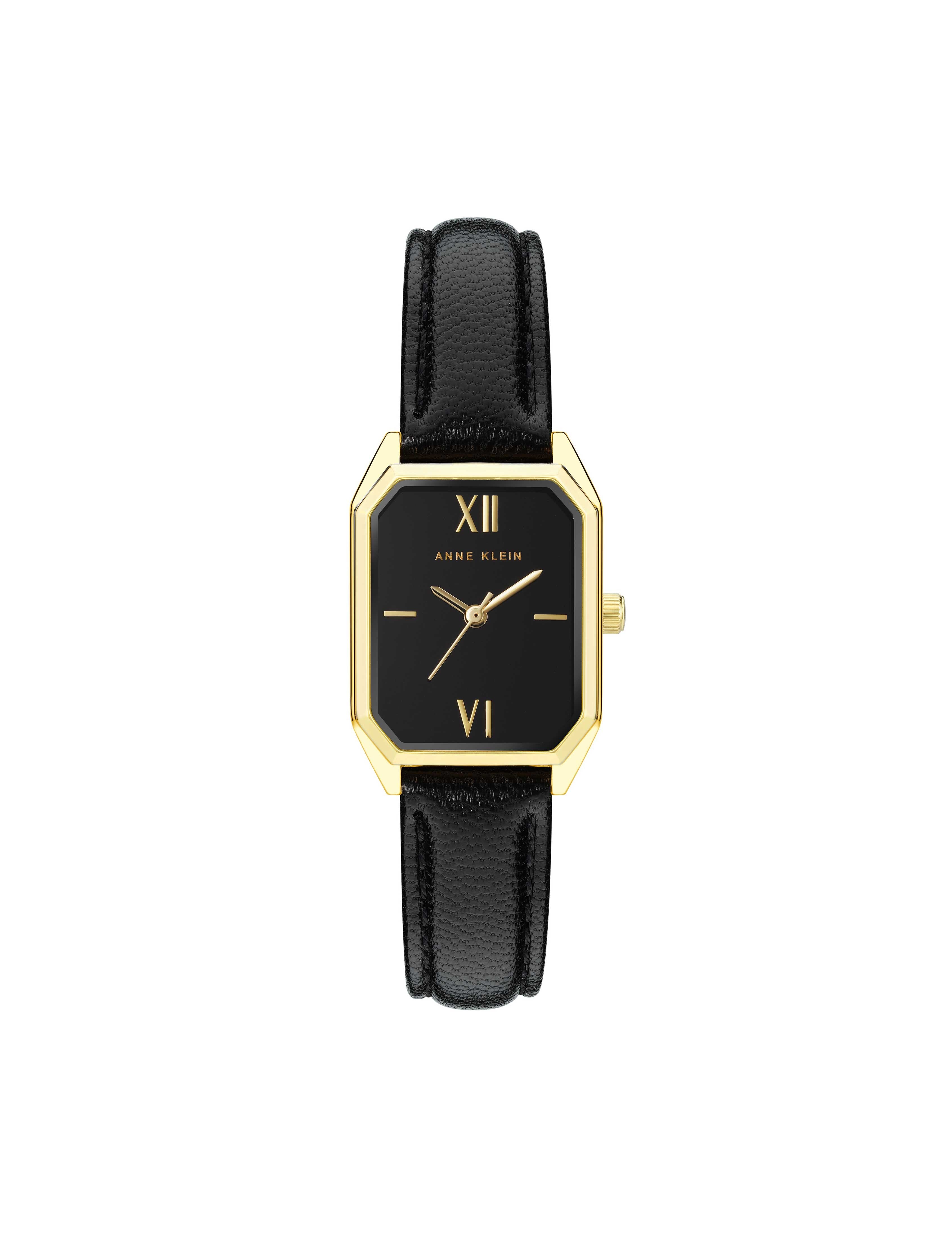 Octagonal Leather Strap Watch - Anne Klein Black&Gold-Tone