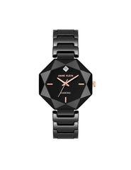 Octagonal Ceramic Diamond Dial Bracelet Watch - Anne Klein Black/Rose Gold-Tone