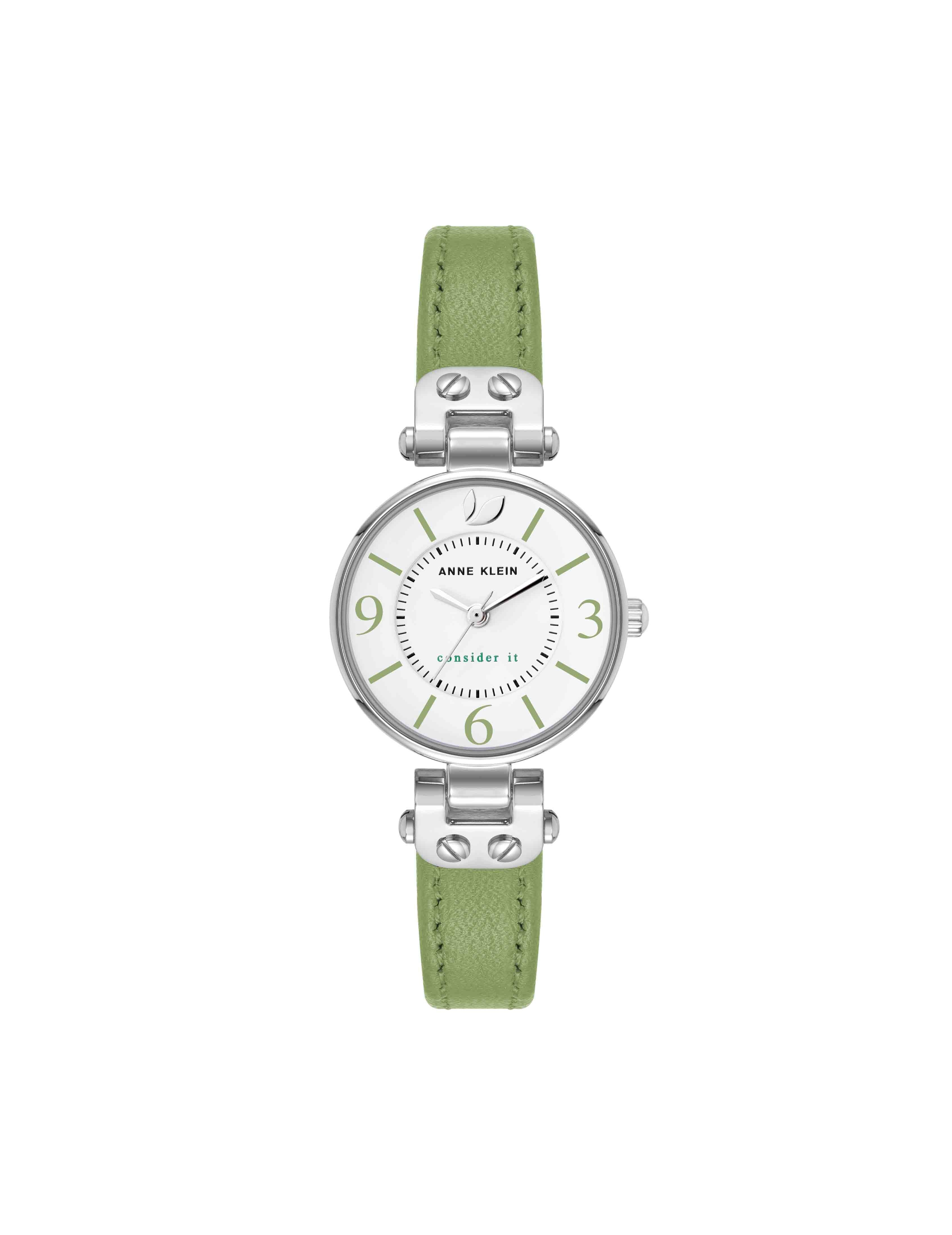 Sustainable Leather Strap Watch - Anne Klein Green/Silver-Tone
