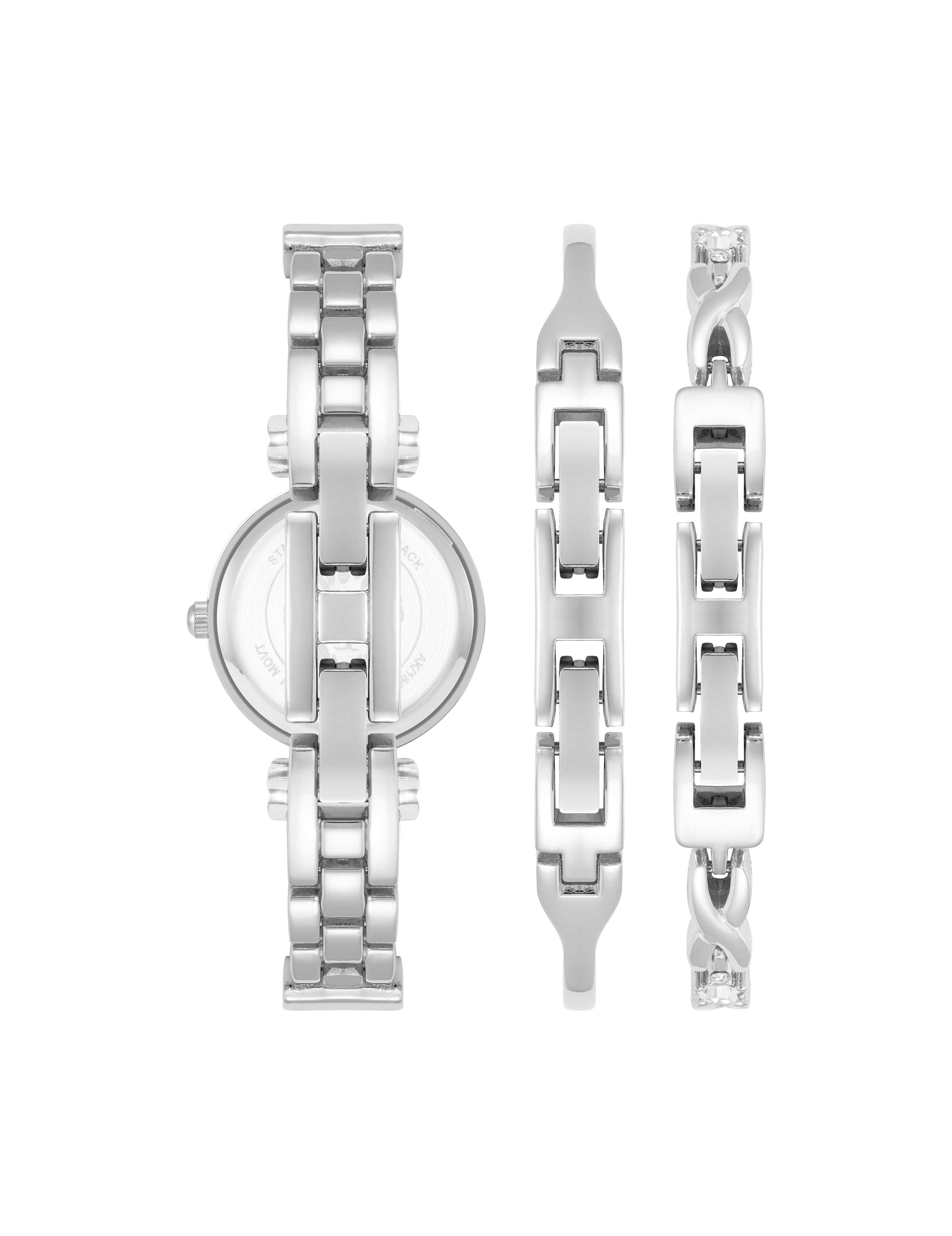Watch & Bracelet Set with Crystal Accents - Anne Klein Black/Silver-Tone