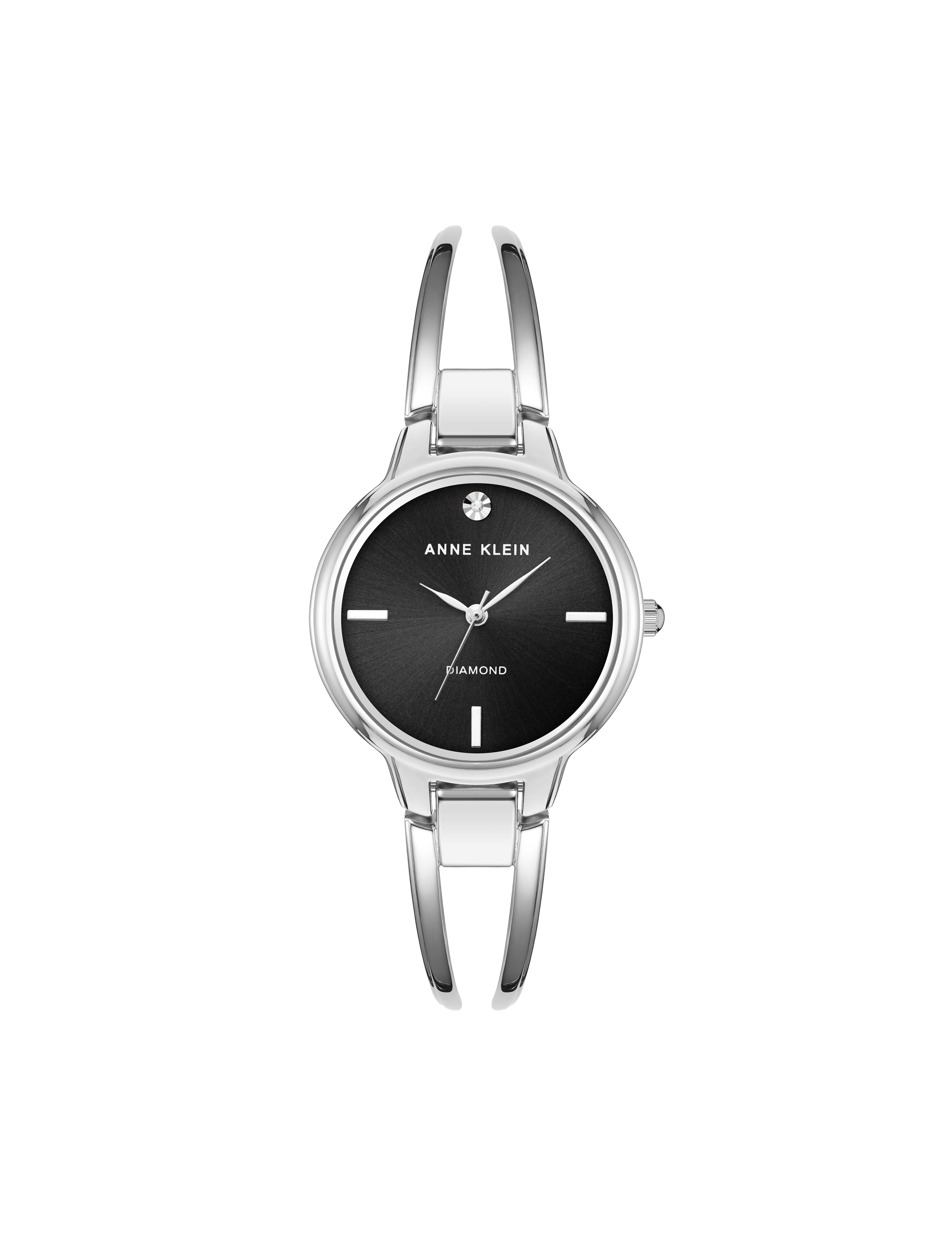 Diamond Accented Bangle Watch - Anne Klein Black/Silver-Tone