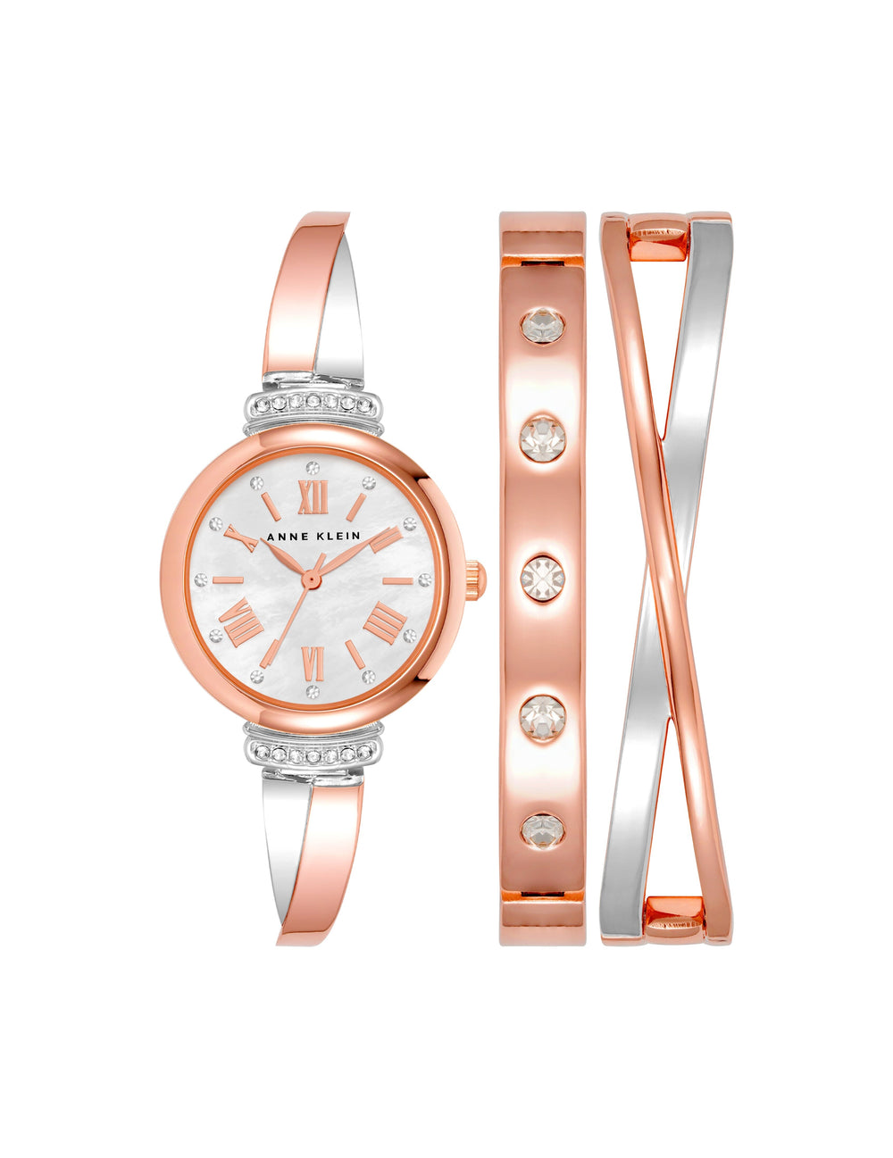 Bangle Watch & Bracelets Set - Anne Klein Silver/Rose-Tone