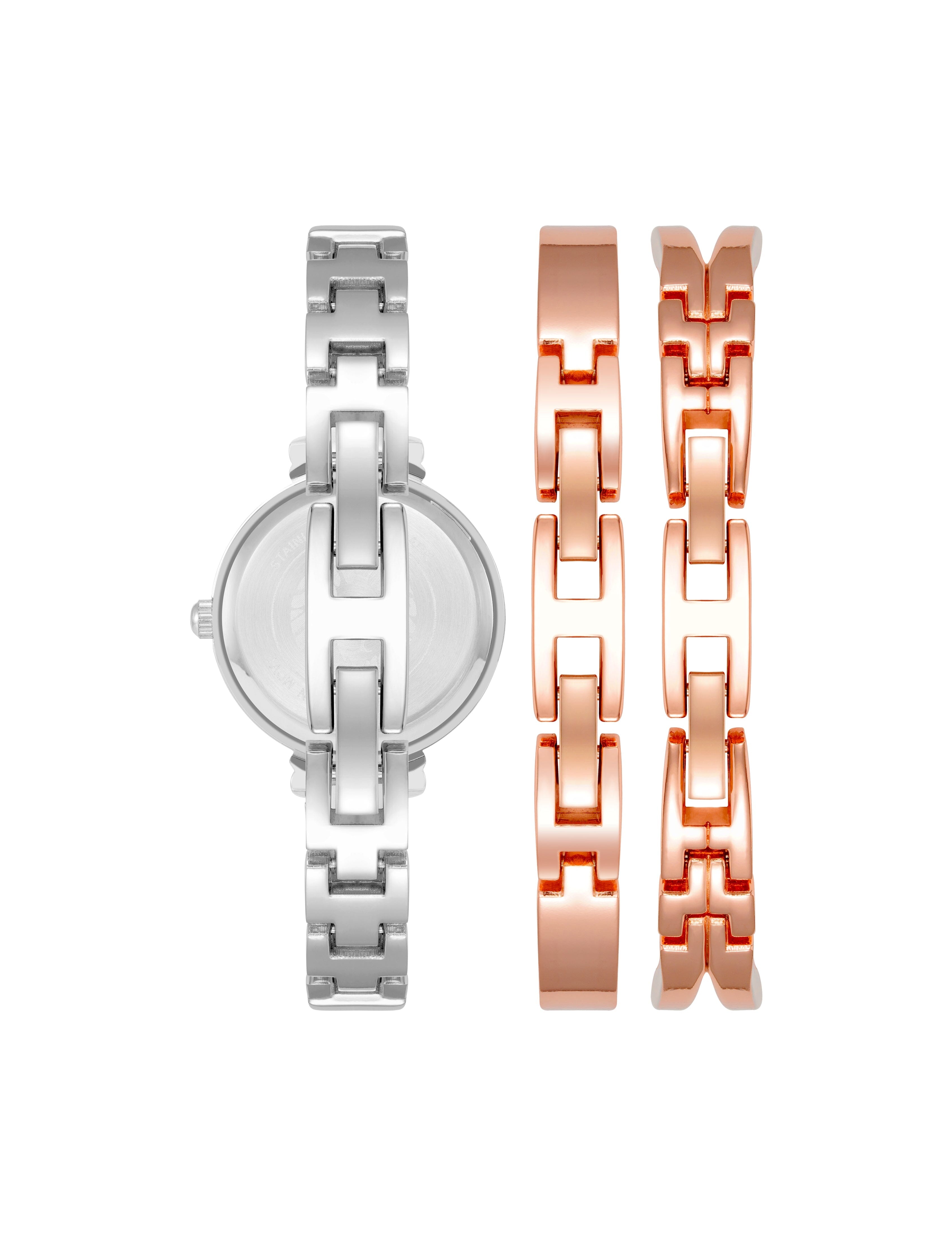 Bangle Watch & Bracelets Set - Anne Klein Silver/Rose-Tone