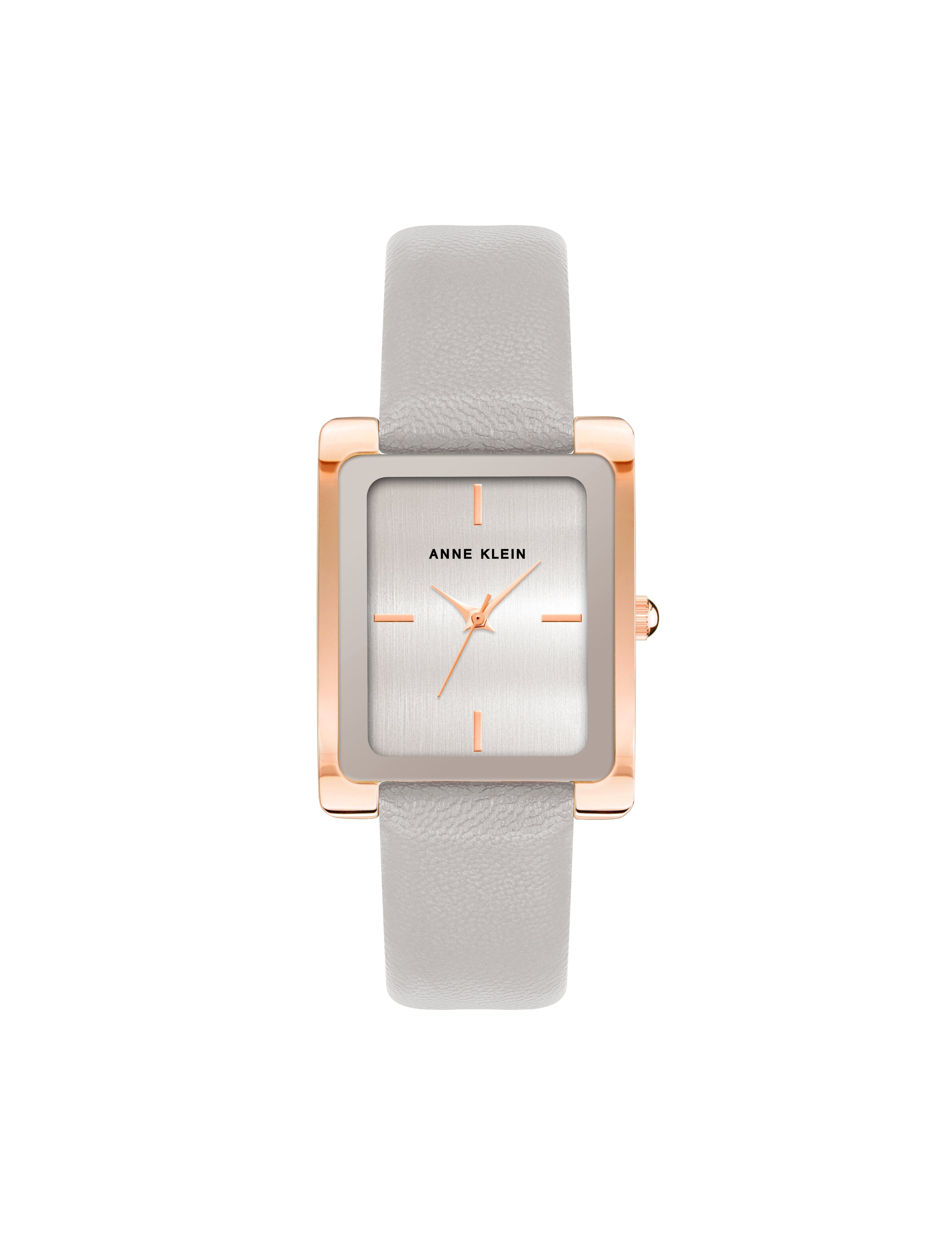 Rectangular Leather Strap Watch - Anne Klein Rose-Tone/Taupe