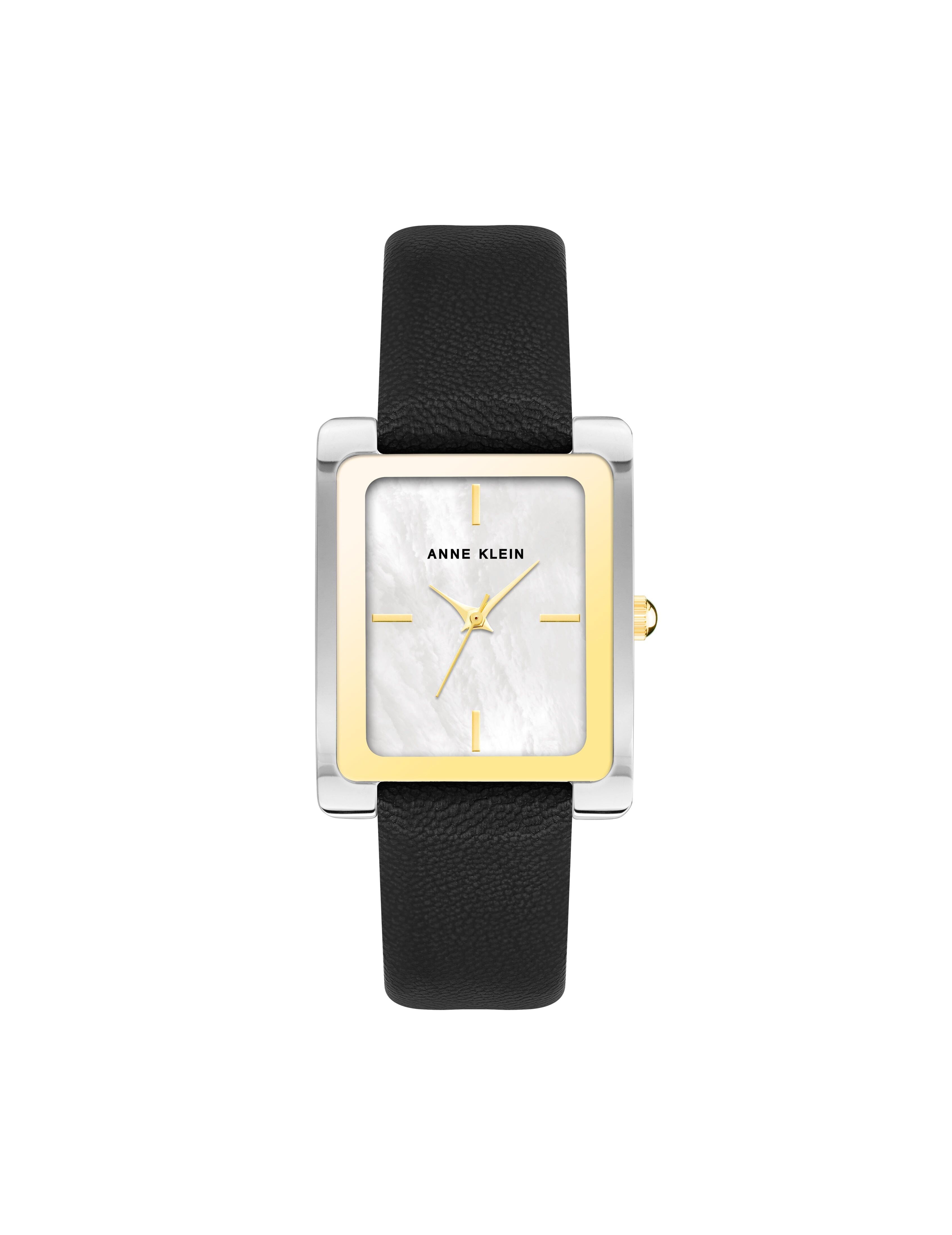 Rectangular Leather Strap Watch - Anne Klein Two-Tone/Black