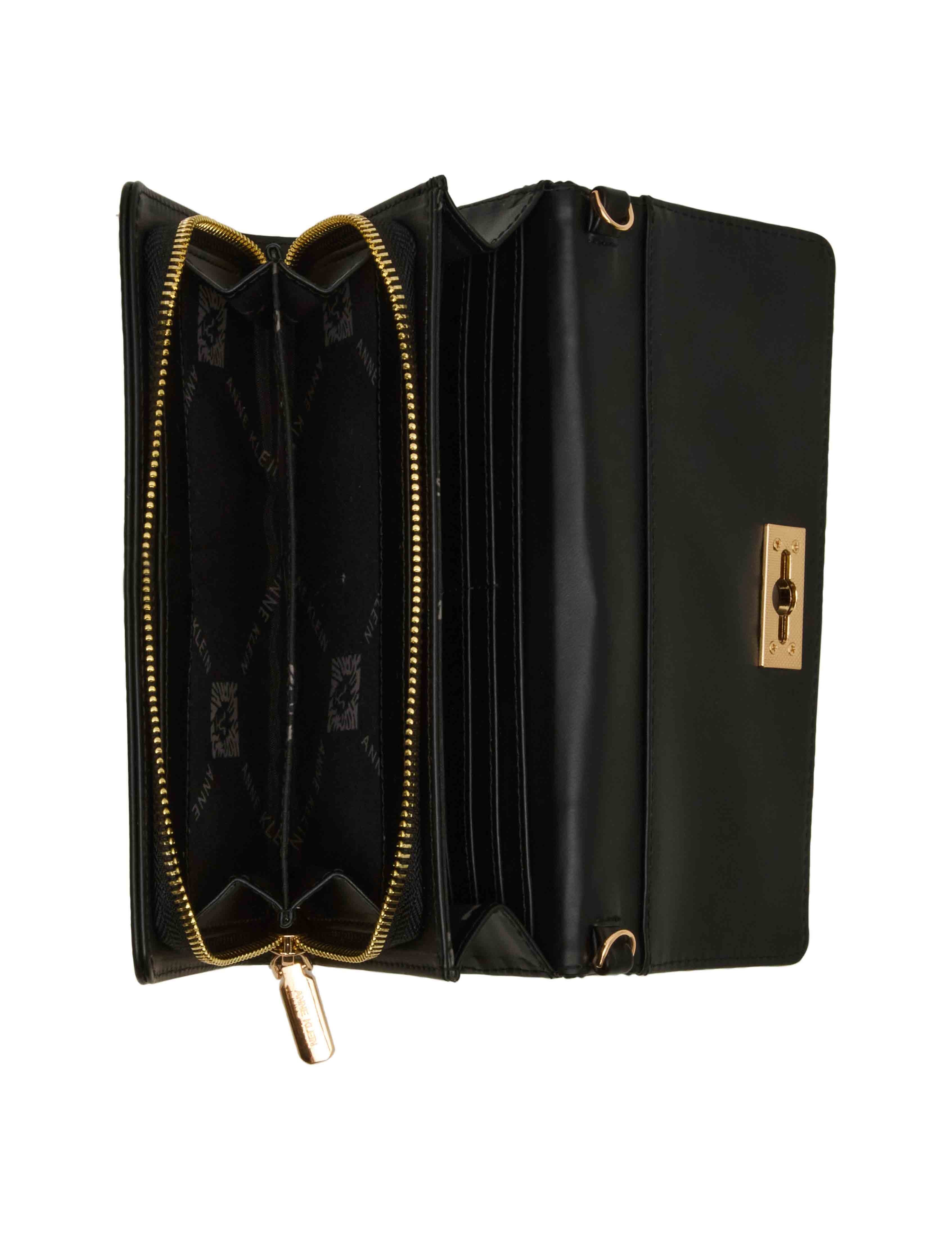 2 Piece Gift Set with Flap Crossbody and Bifold Wallet - Anne Klein Black Quilted