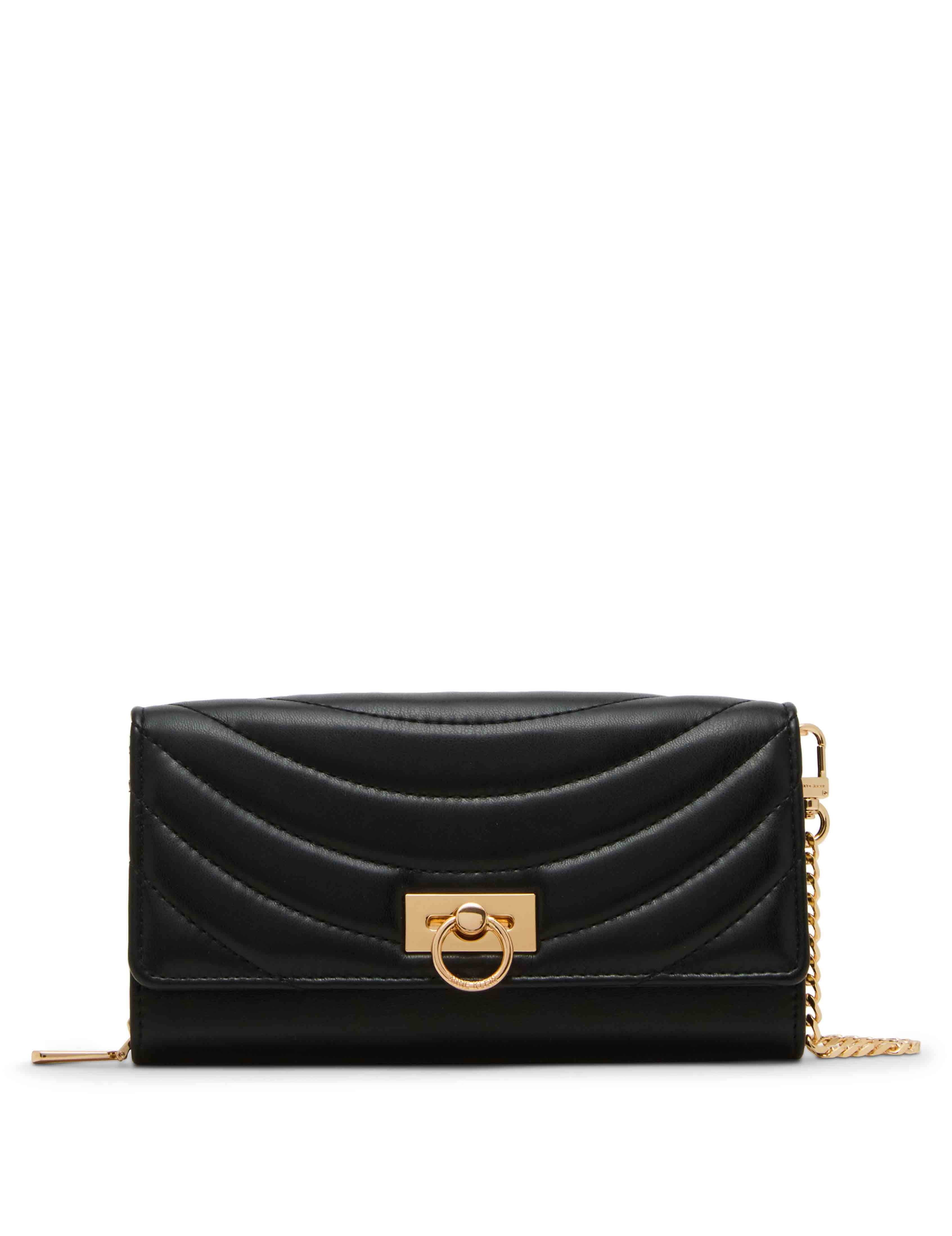 2 Piece Gift Set with Flap Crossbody and Bifold Wallet - Anne Klein Black Quilted