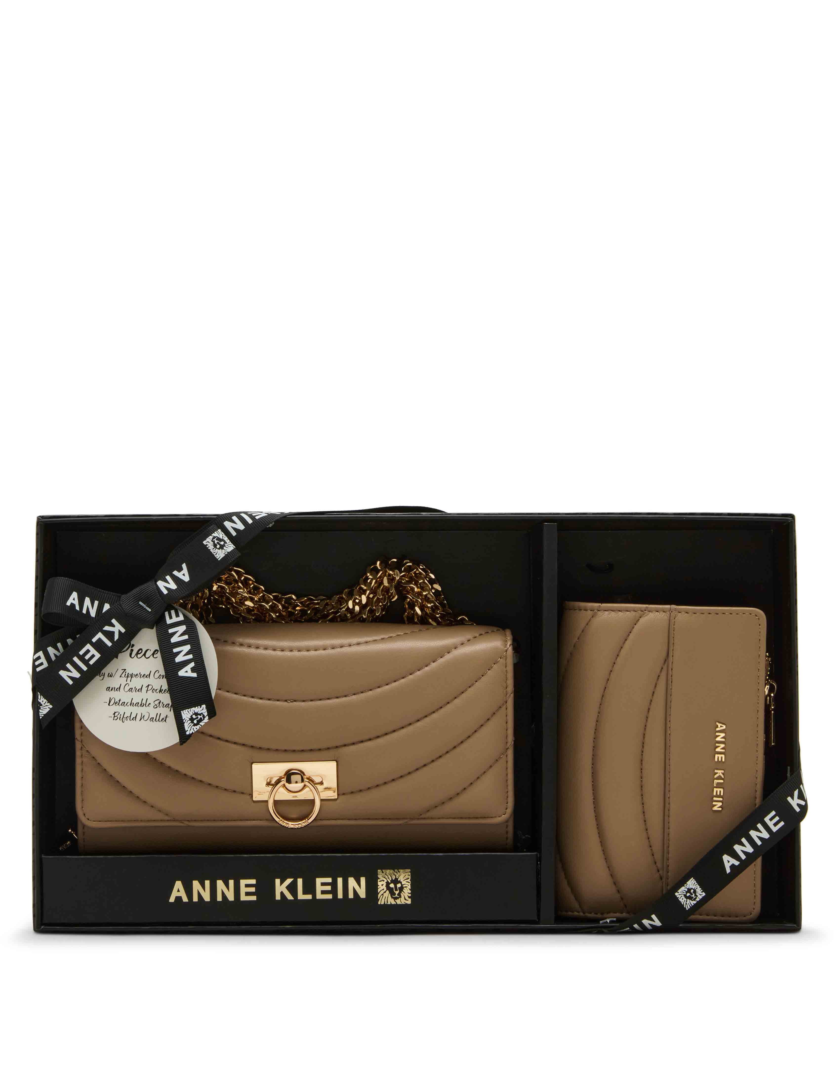 2 Piece Gift Set with Flap Crossbody and Bifold Wallet - Anne Klein Truffle Quilted
